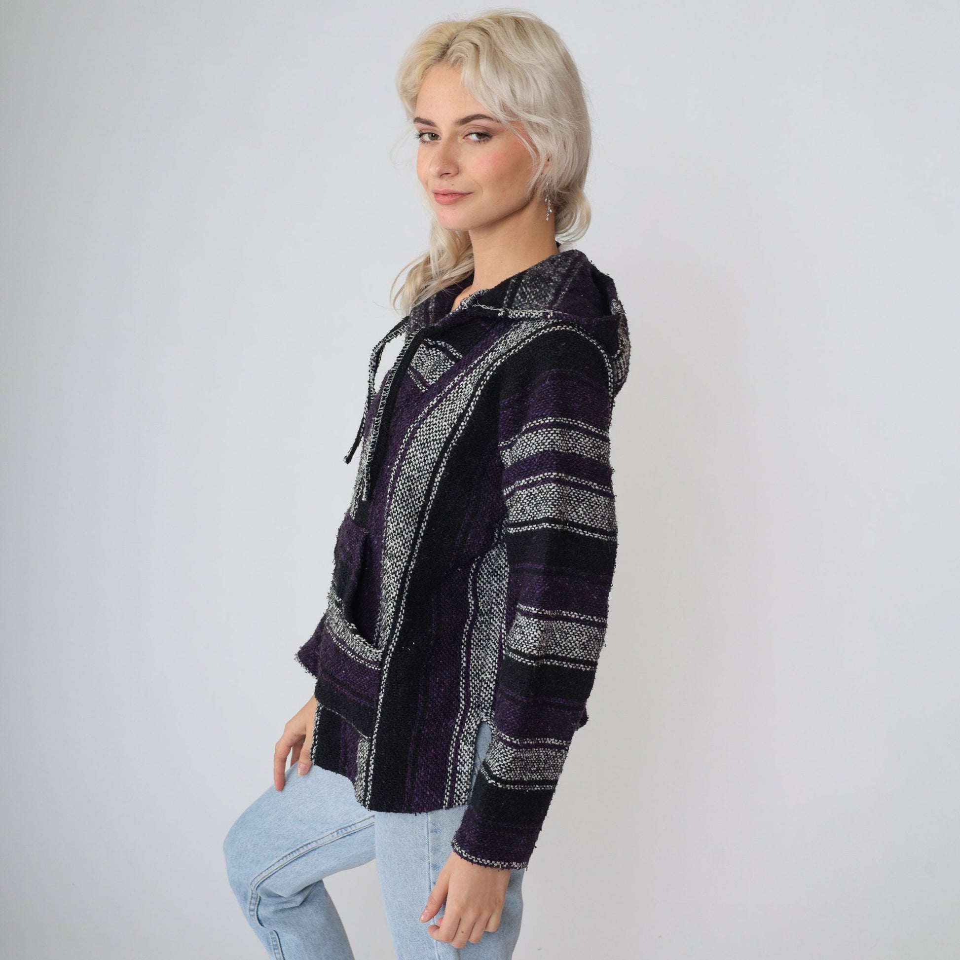 90s Mexican Baja Hoodie Black White Purple Striped Kangaroo Pocket Small