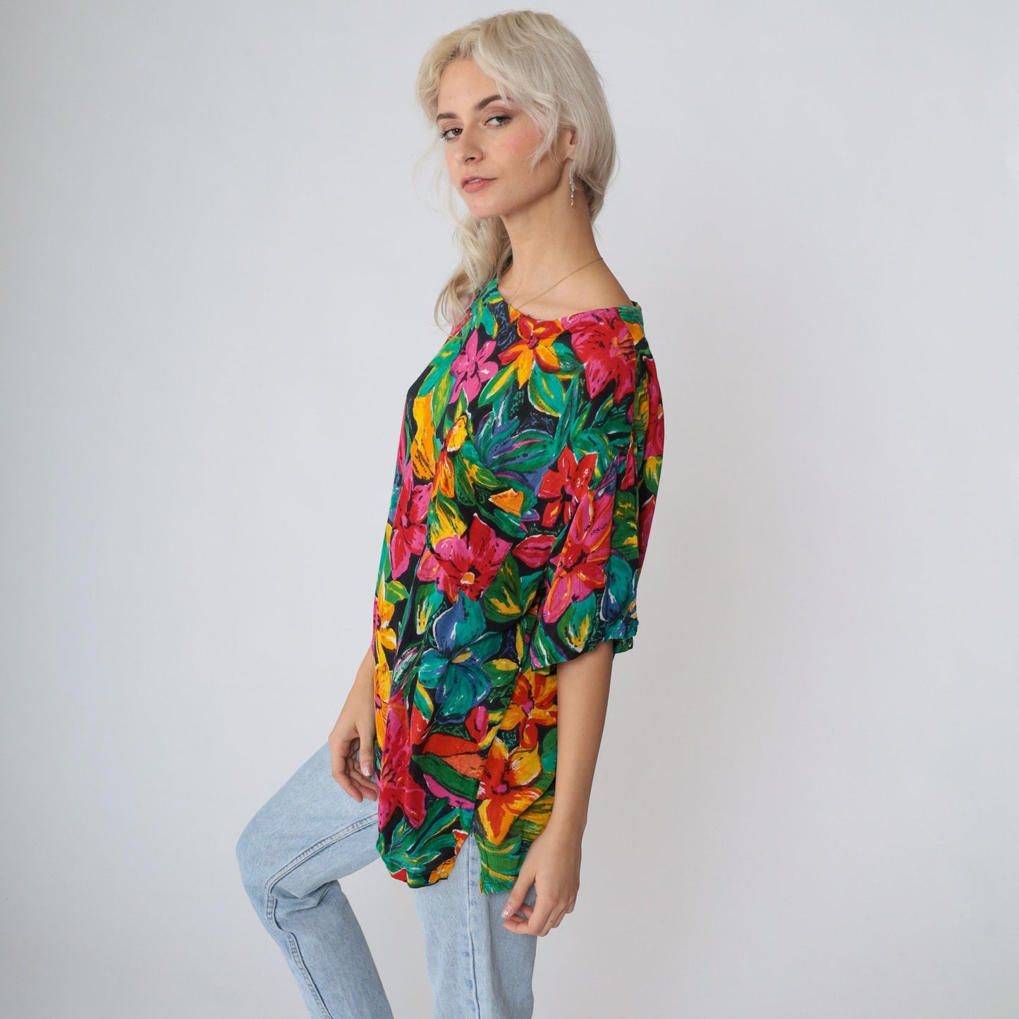 Y2K Tropical Floral Blouse Carole Little Short Sleeve Chest Pocket Medium