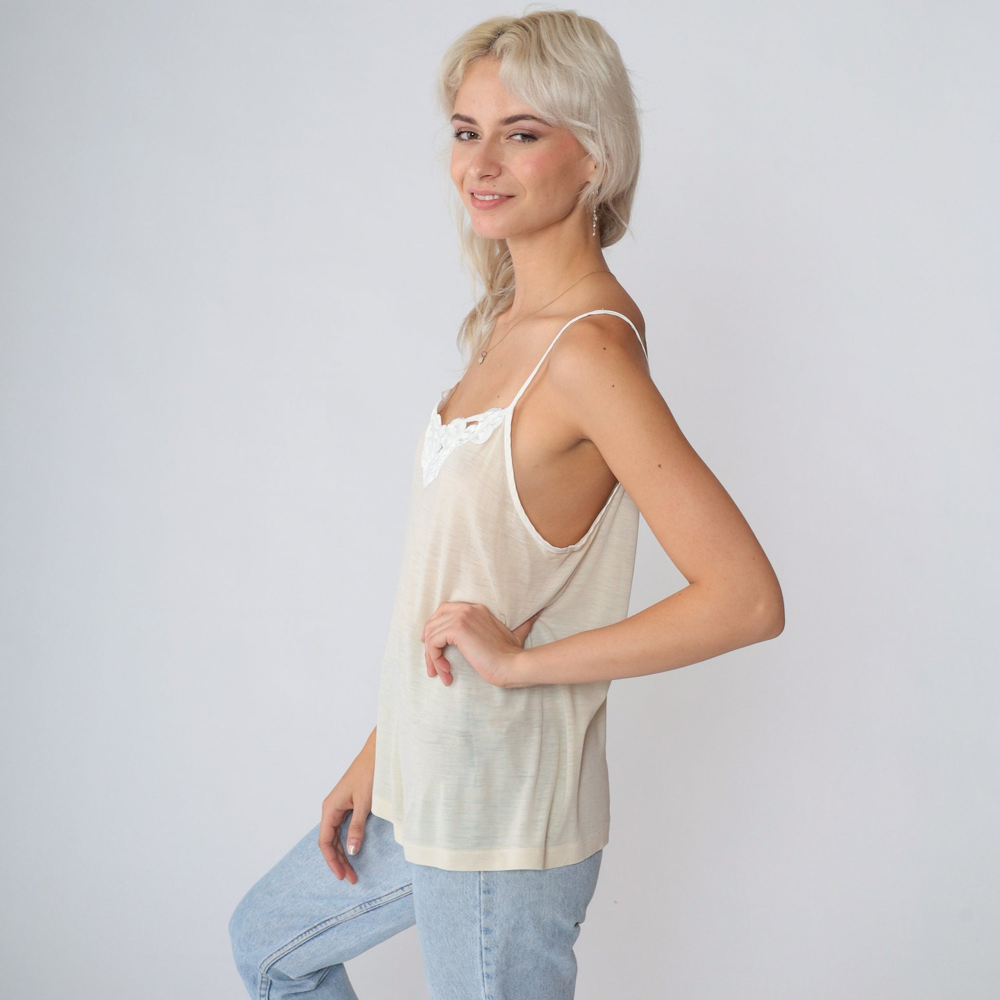 90s Beige Camisole Tank Top White Floral Applique Semi-Sheer Medium