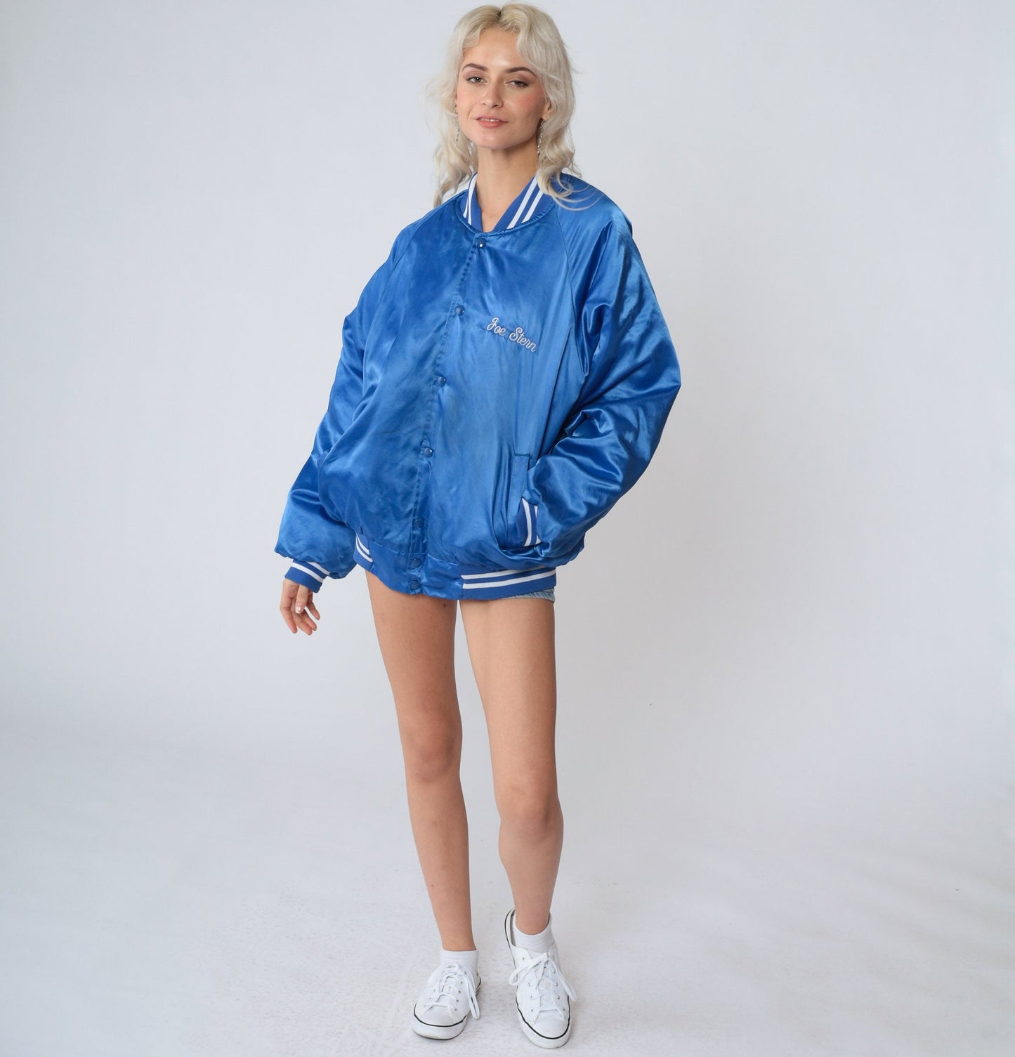 90s The Bicycle Source Blue Satin Bomber Jacket Joe Stern BMX Extra Large XL