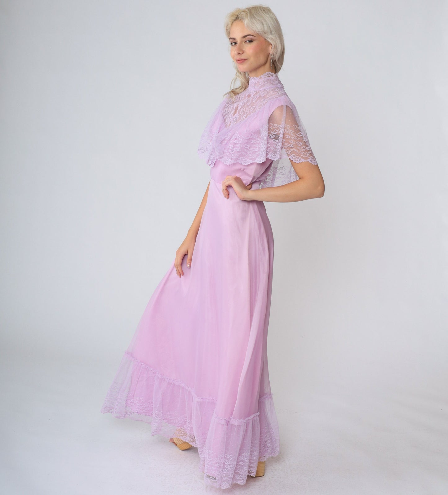 70s Purple Lace Bib Maxi Gown High Neck Tiered Skirt Small