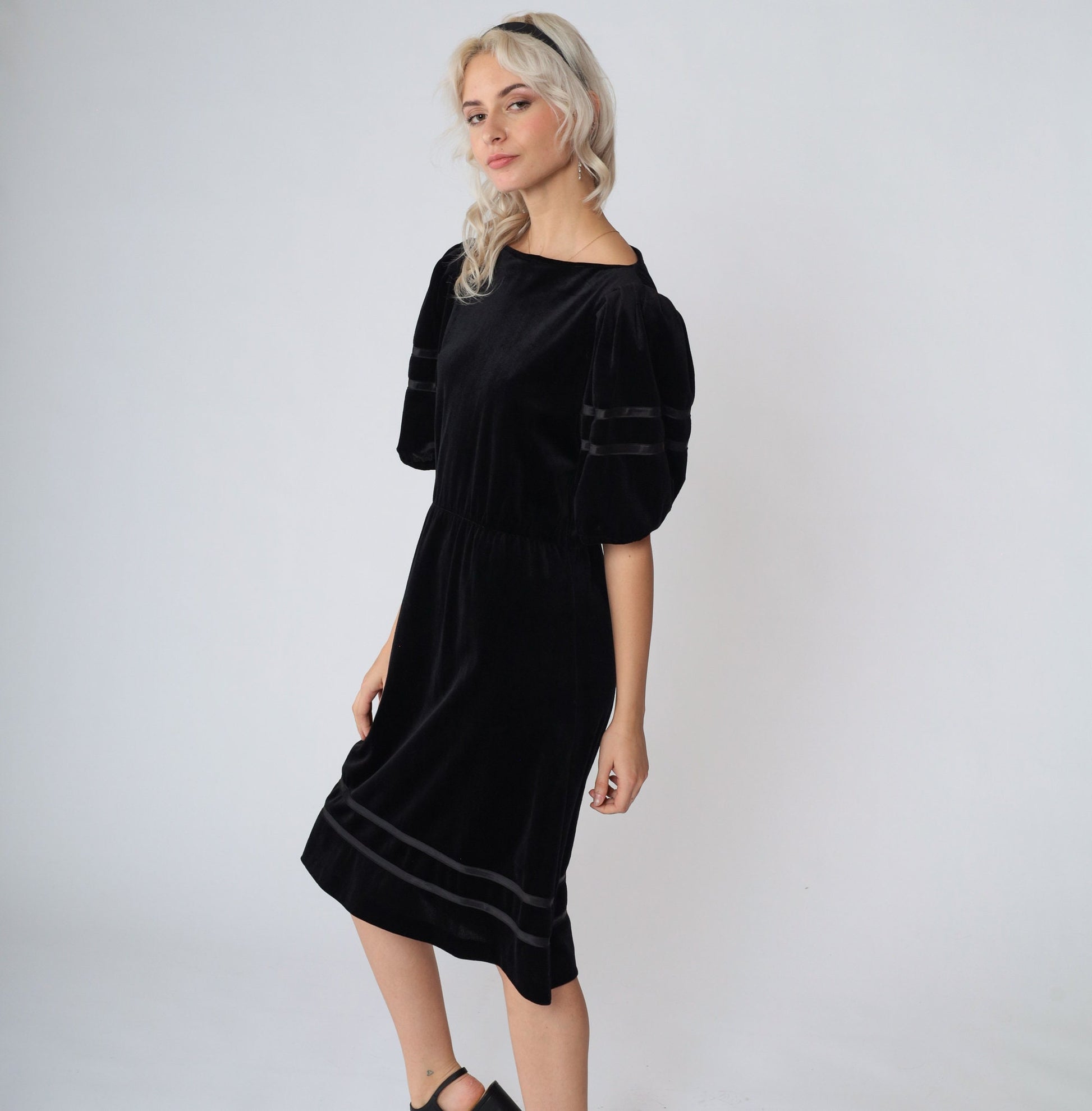 80s Black Velvet Midi Dress Puff Sleeve High Waist Ribbon Trim Small