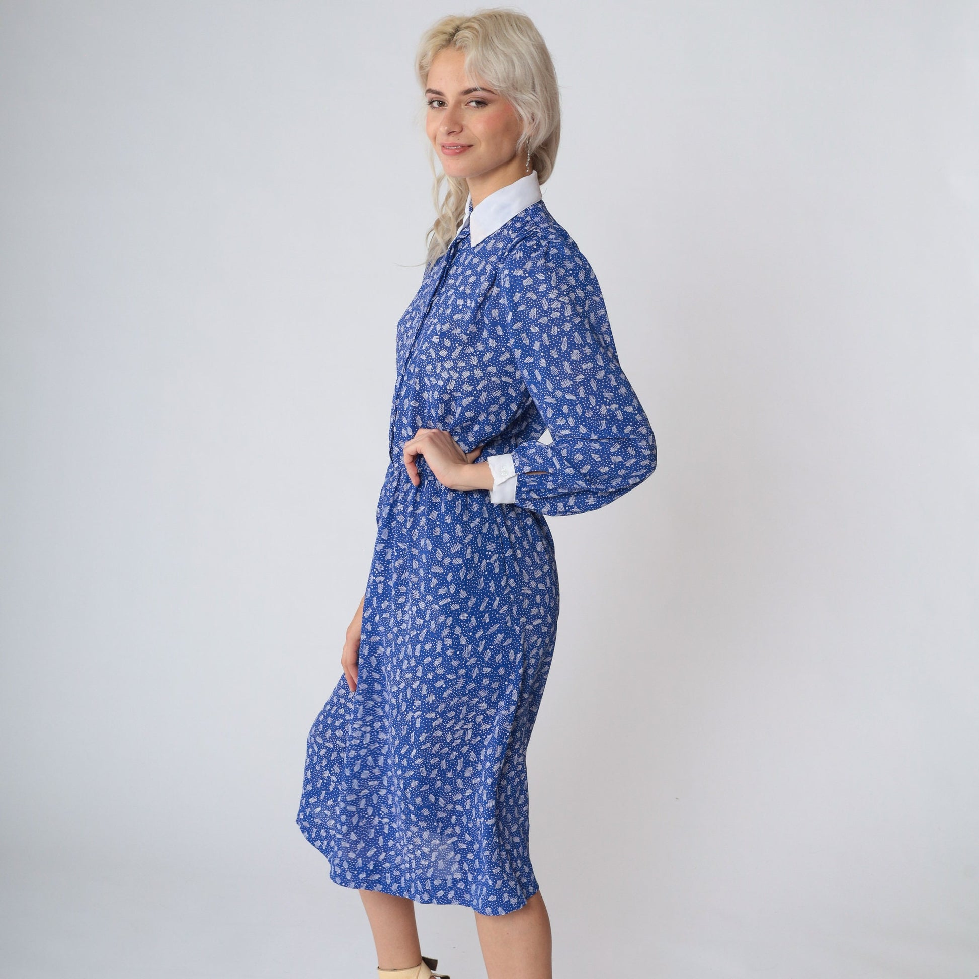 80s Blue Midi Dress Puff Sleeve White Collar Ditsy Dot Print High Waisted Small