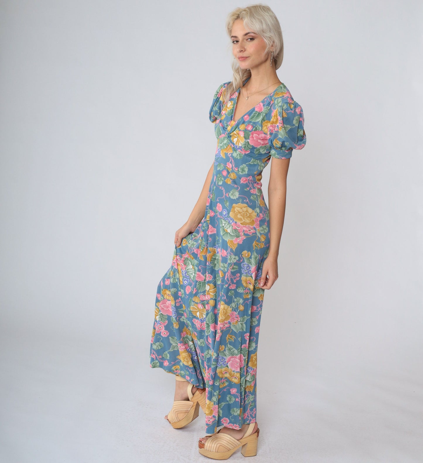 70s Blue Floral Maxi Dress Empire Waist Puff Sleeve V Neck Extra Small