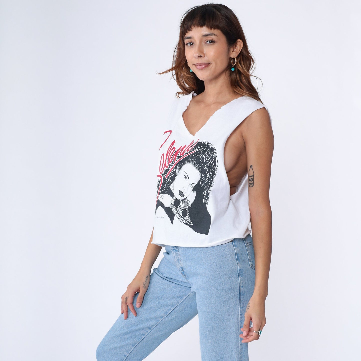 90s Selena Quintanilla Tank Top White Cutoff Crop V-Neck Small Medium