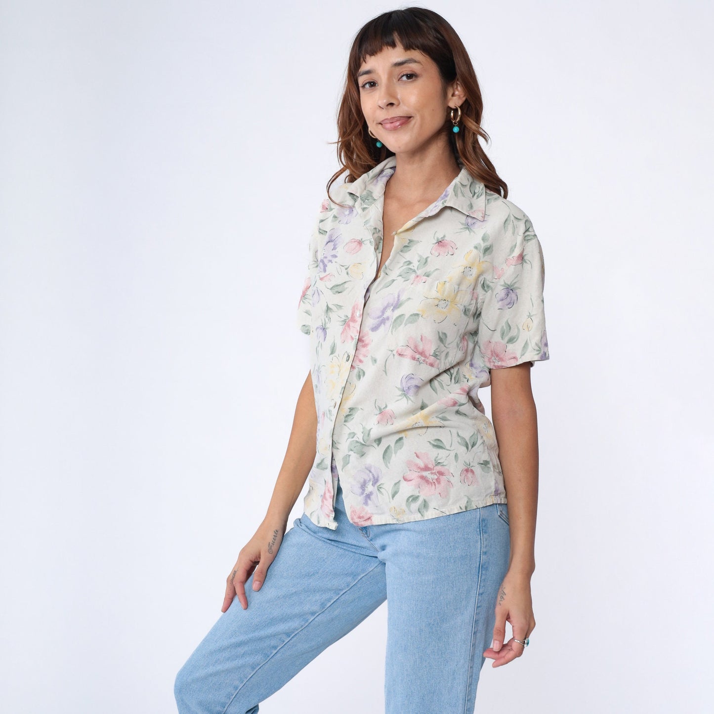 90s Selene Sport Silk Floral Button-Up Blouse Beige Short Sleeve Medium