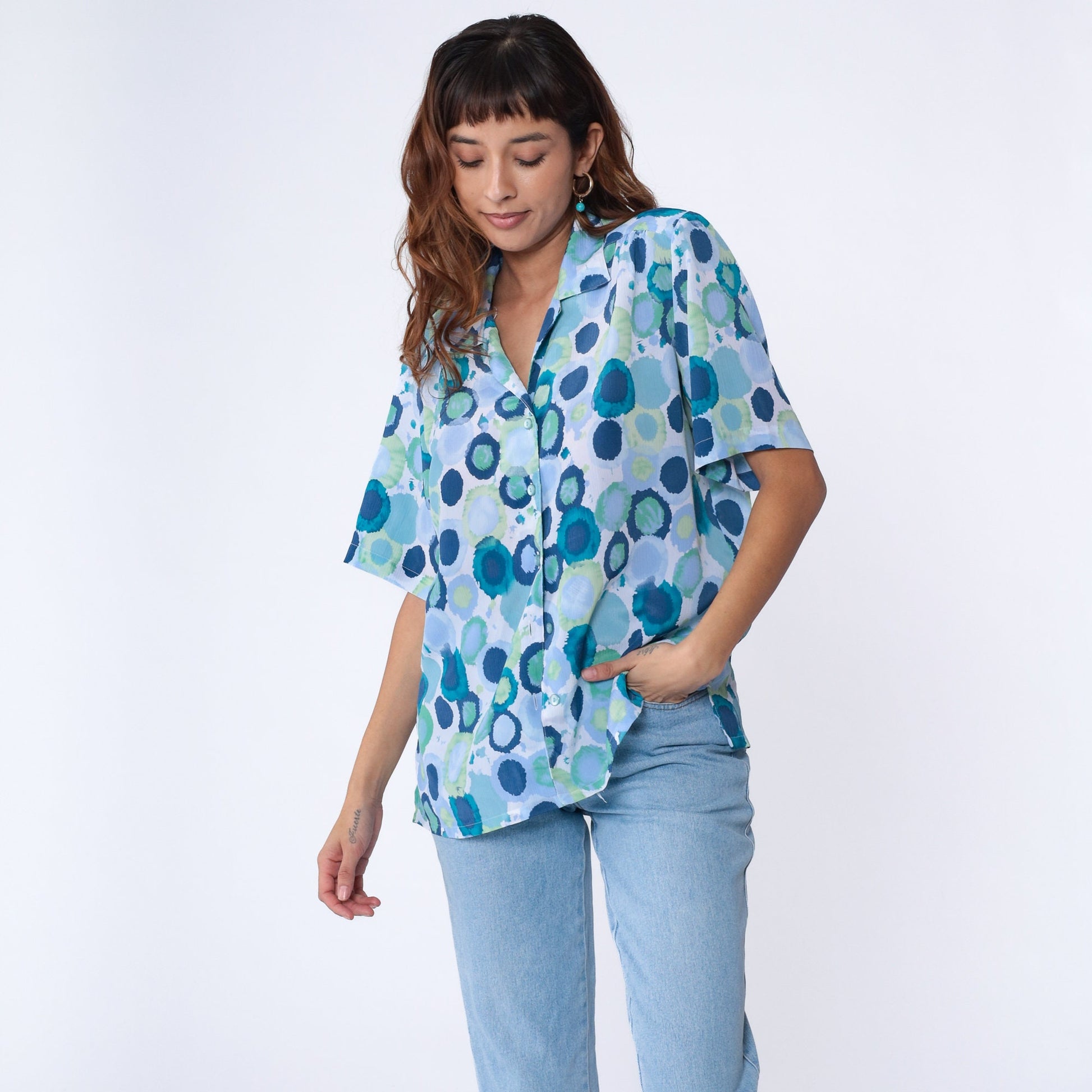 90s Donnkenny Geometric Watercolor Print Button-Up Blouse Blue Extra Large