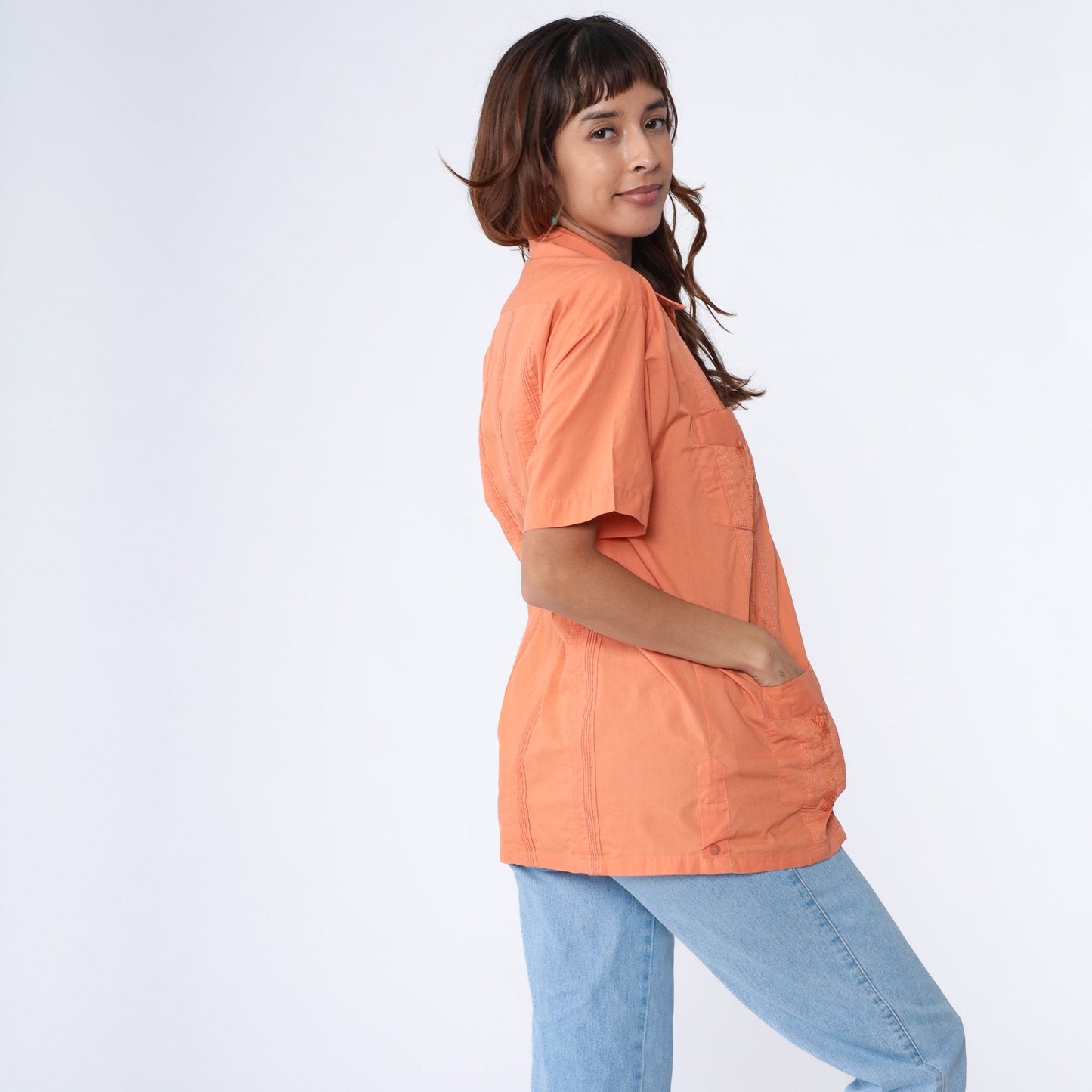 90s Orange Embroidered Cuban Zip Shirt Cotton Blend Chest Pockets Medium Large