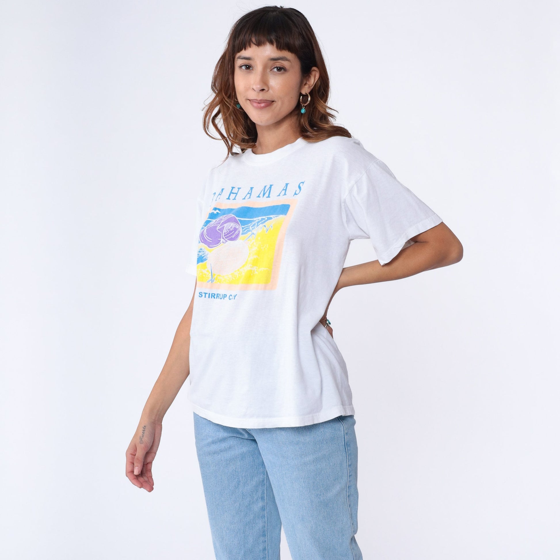 90s Bahamas Stirrup Cay Graphic T-Shirt White Cotton Tee Large L