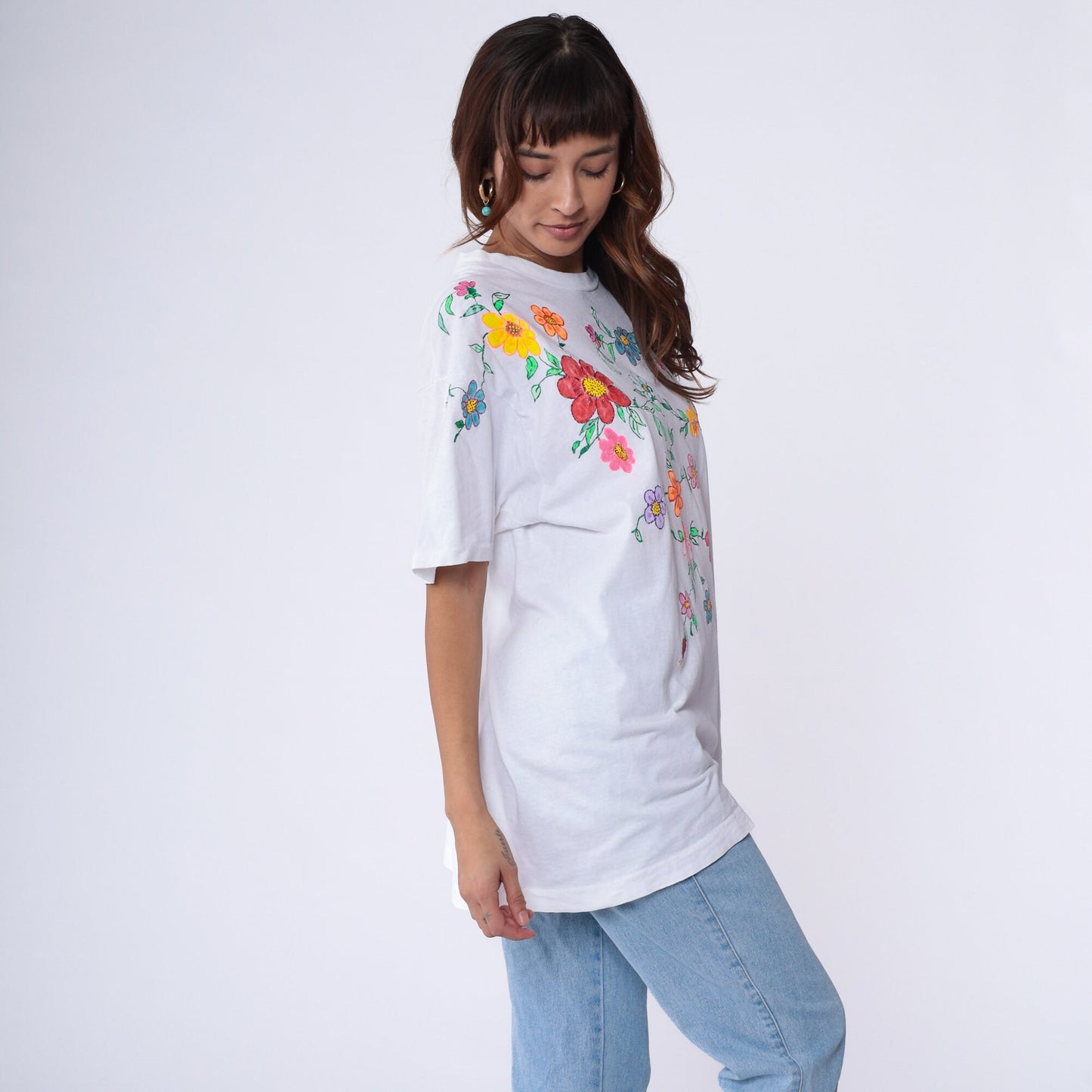 90s Fruit of the Loom Floral Hand Painted T-Shirt White Glitter Cotton Extra Large