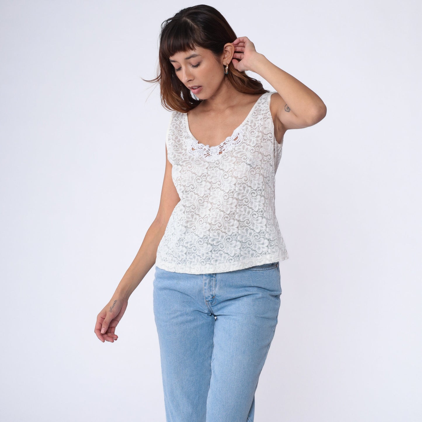 80s White Lace Camisole Sheer Floral Tank Top Large L