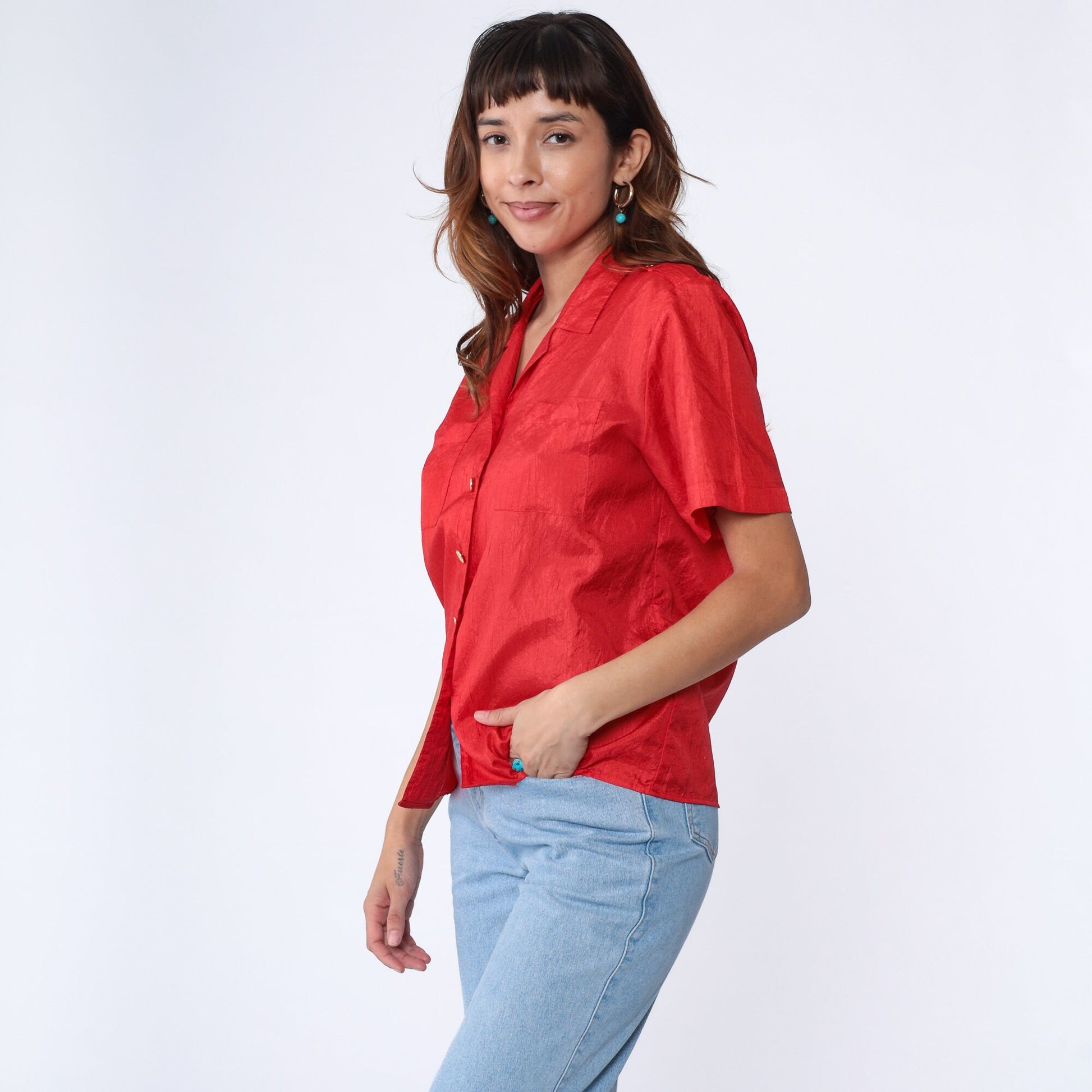 90s Red Shiny Button Up Blouse Gold Buttons Shoulder Epaulettes Medium Large
