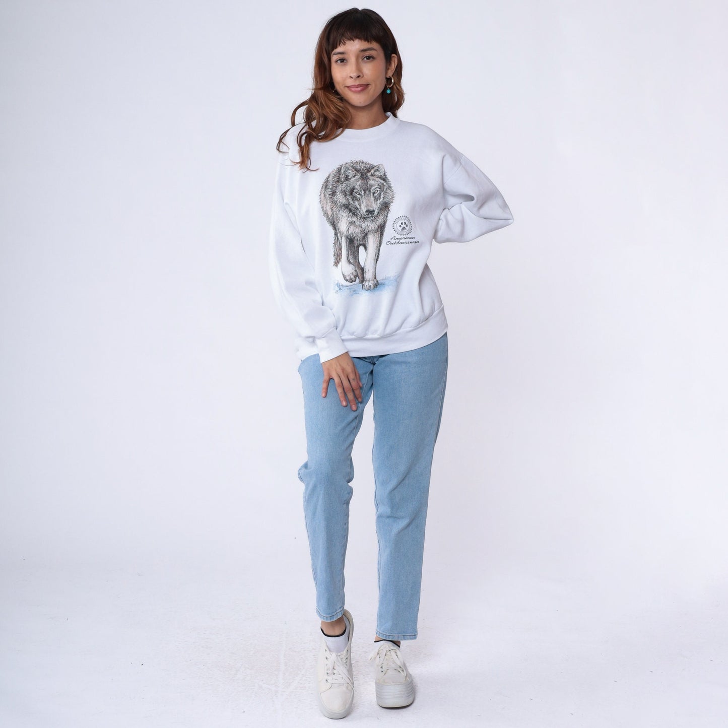 90s Wolf American Outdoorsman Graphic Sweatshirt White Crewneck Large