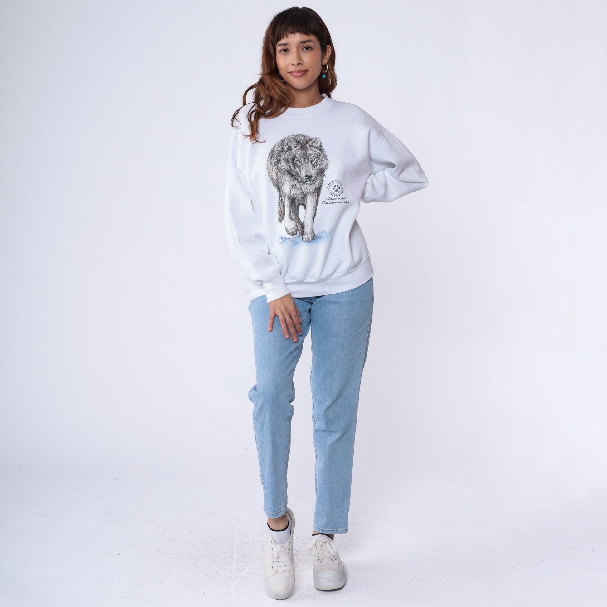 90s Wolf American Outdoorsman Graphic Sweatshirt White Crewneck Large