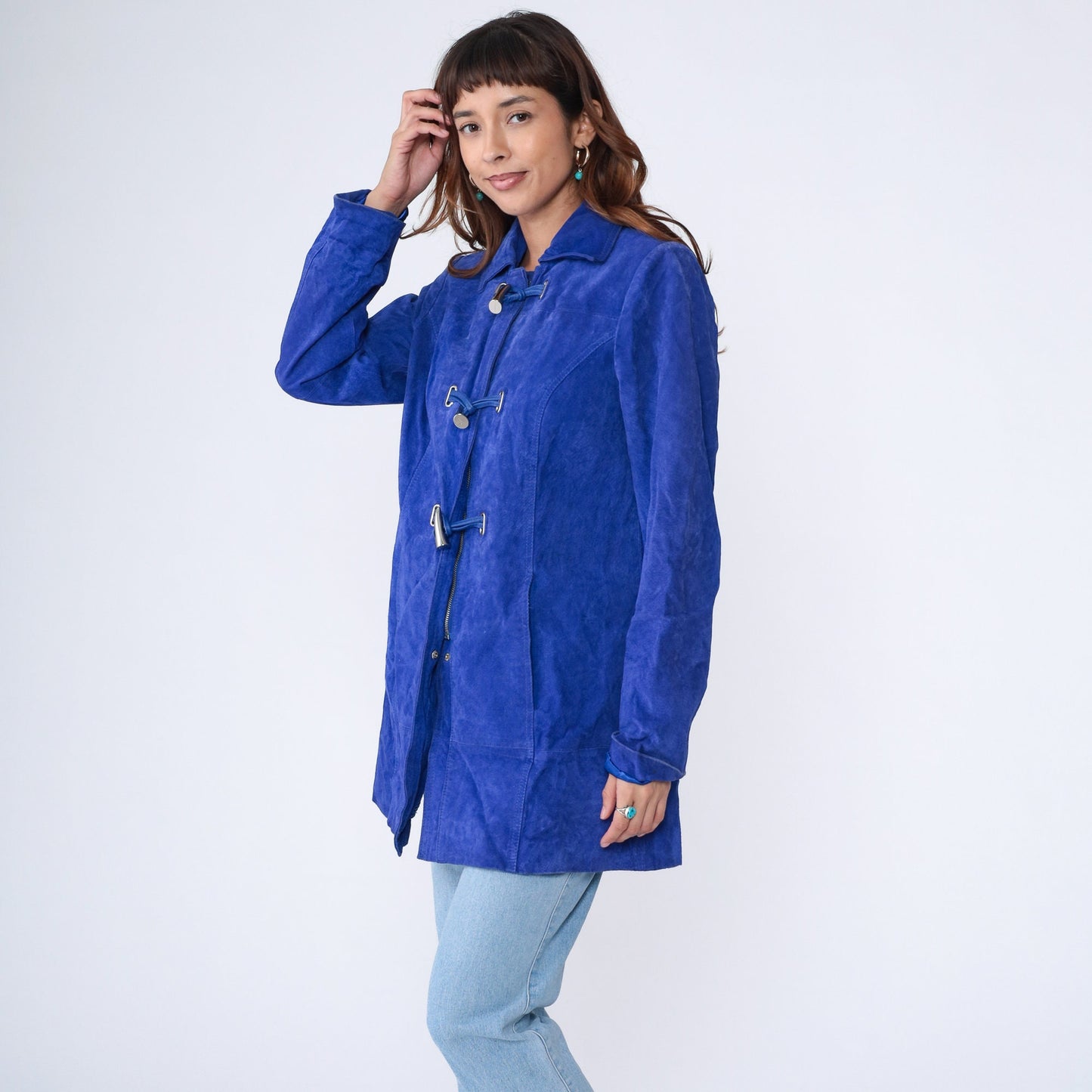 Y2K Royal Blue Suede Jacket Toggle Button Longline Small
