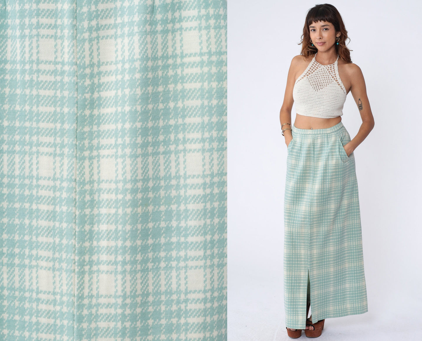 70s Mint Cream Plaid Maxi Skirt High Waisted Tartan Long Skirt Medium