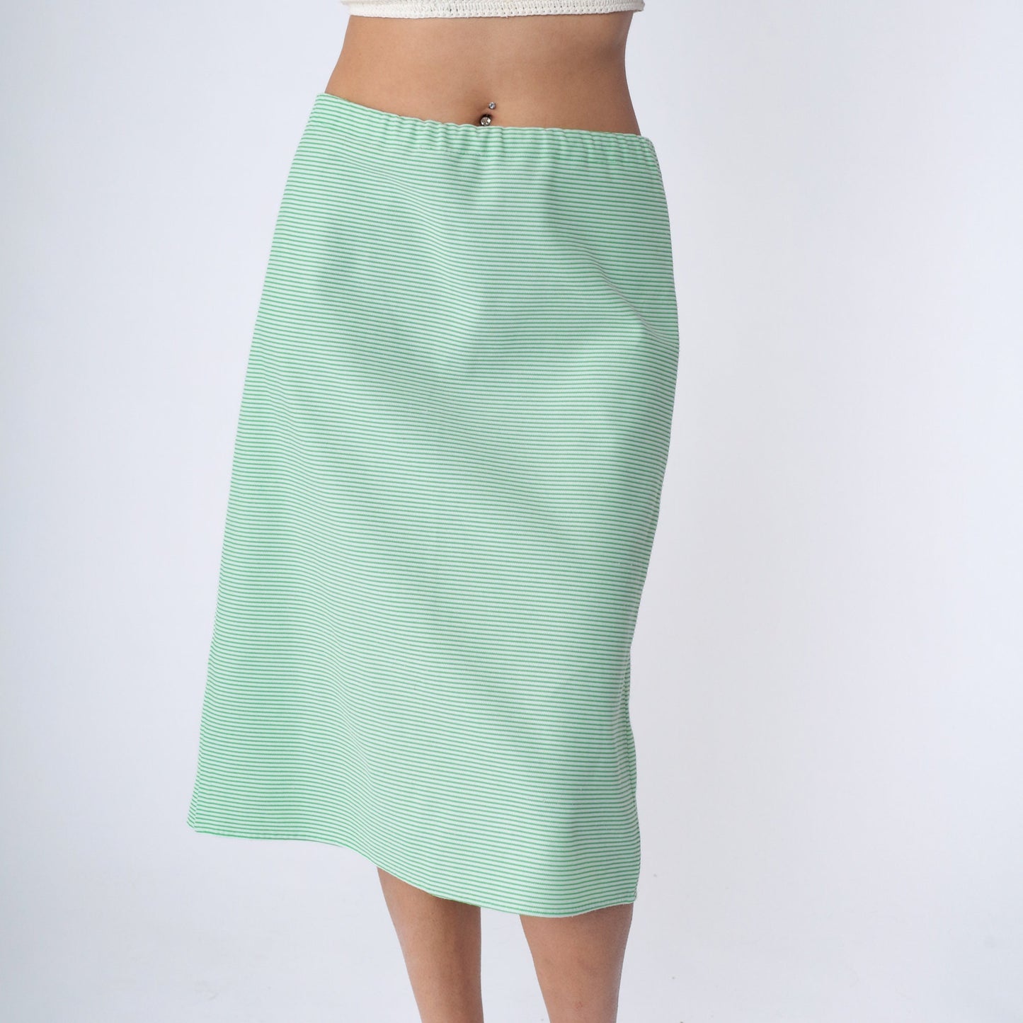 70s Striped Midi Skirt Green White High Waist Straight Polyester Large L