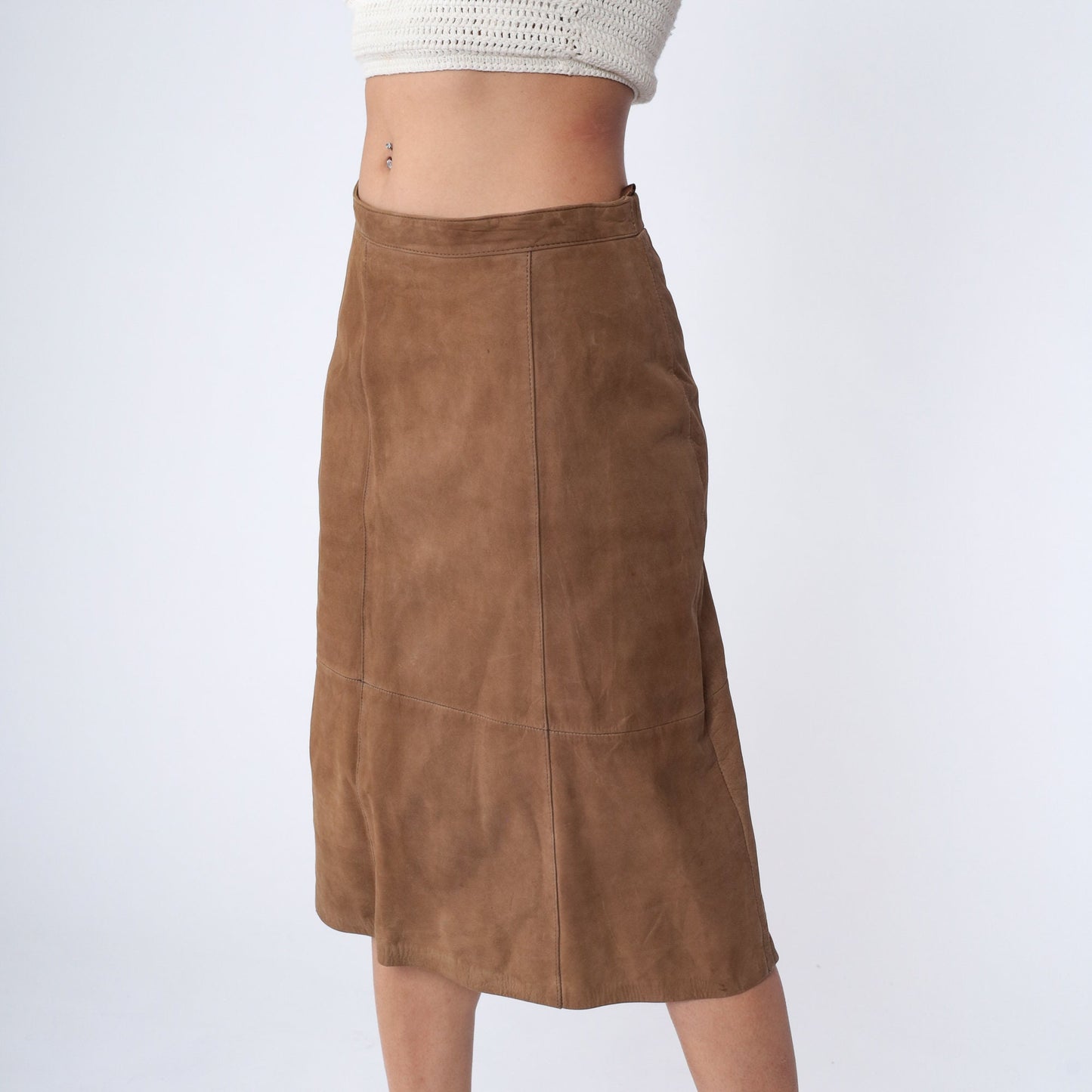 80s Brown Leather Pencil Skirt High Waist Kick Pleat Knee Length Medium