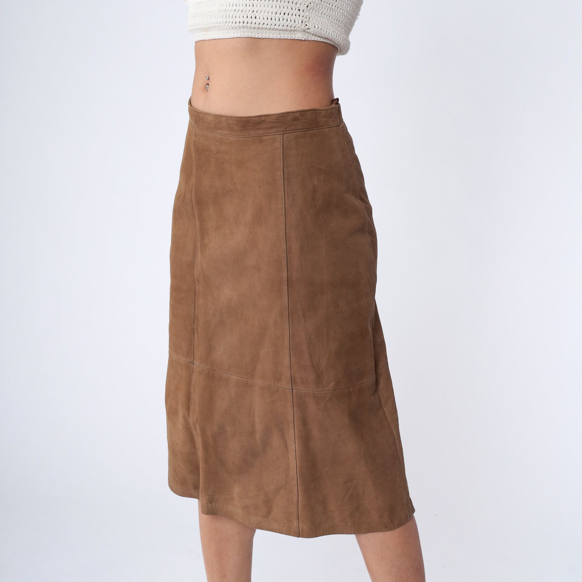 80s Brown Leather Pencil Skirt High Waist Kick Pleat Knee Length Medium