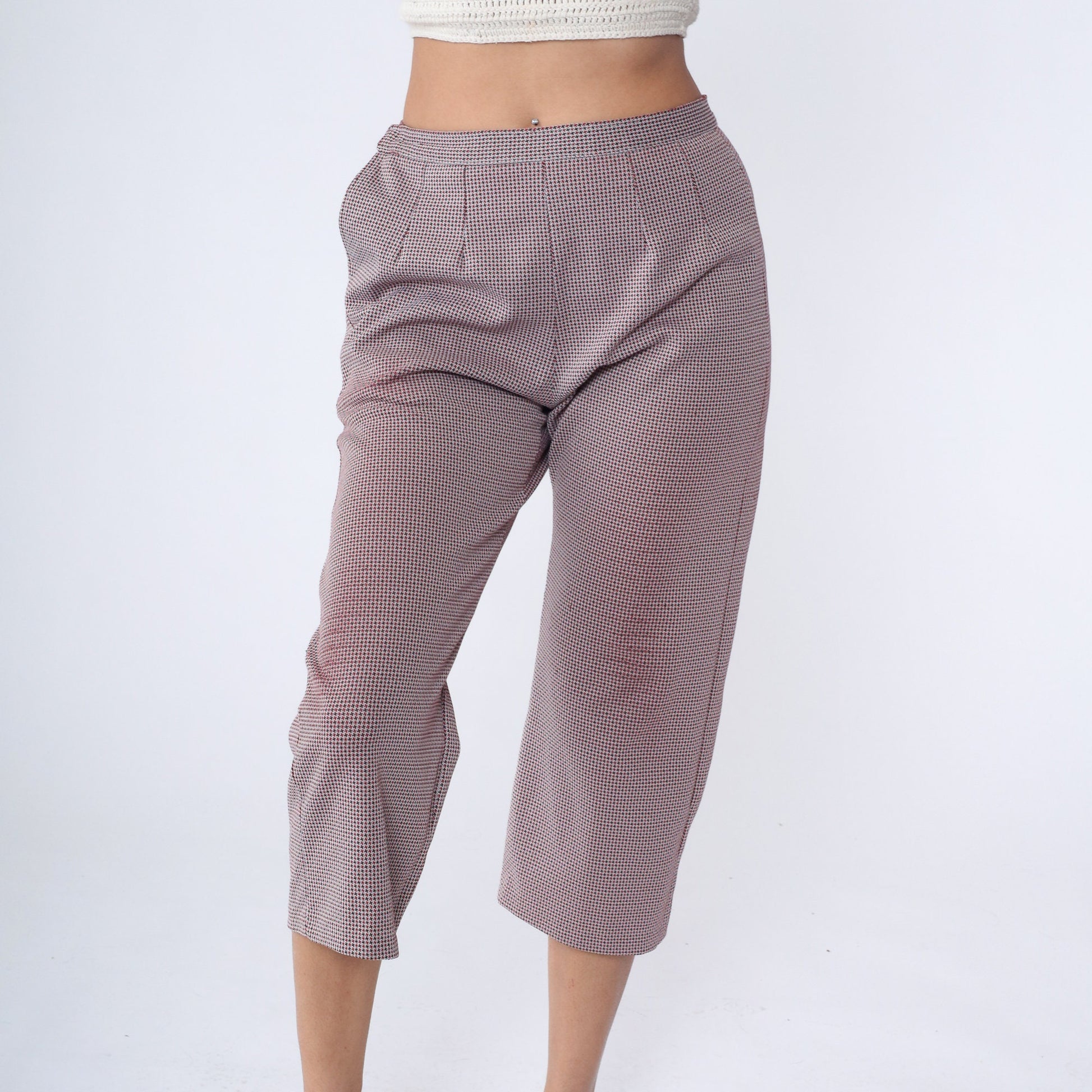 70s Houndstooth Capri Pants High Waist Red Brown White Checkered Medium