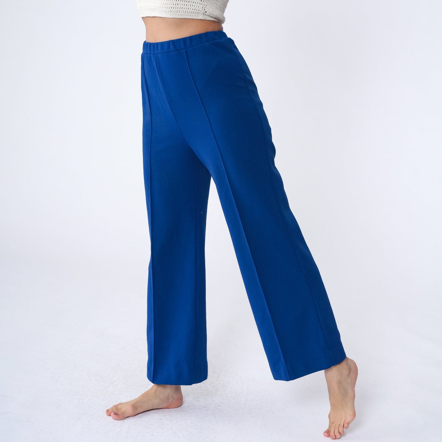70s Pykette Royal Blue Bell Bottom Pants High Waist Polyester Small Medium