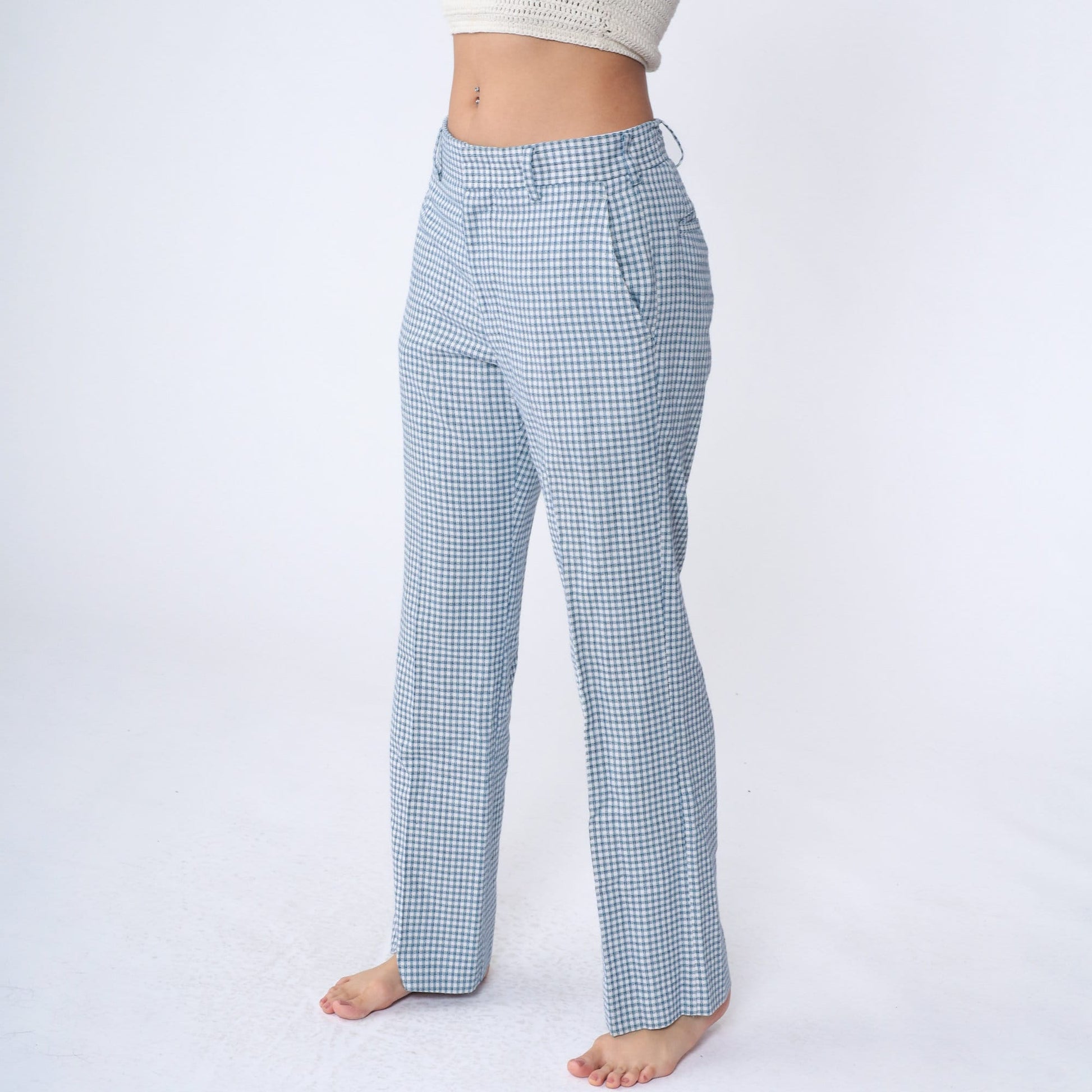80s Checkered Straight Leg Trousers White Blue Navy Plaid Mid Rise Medium