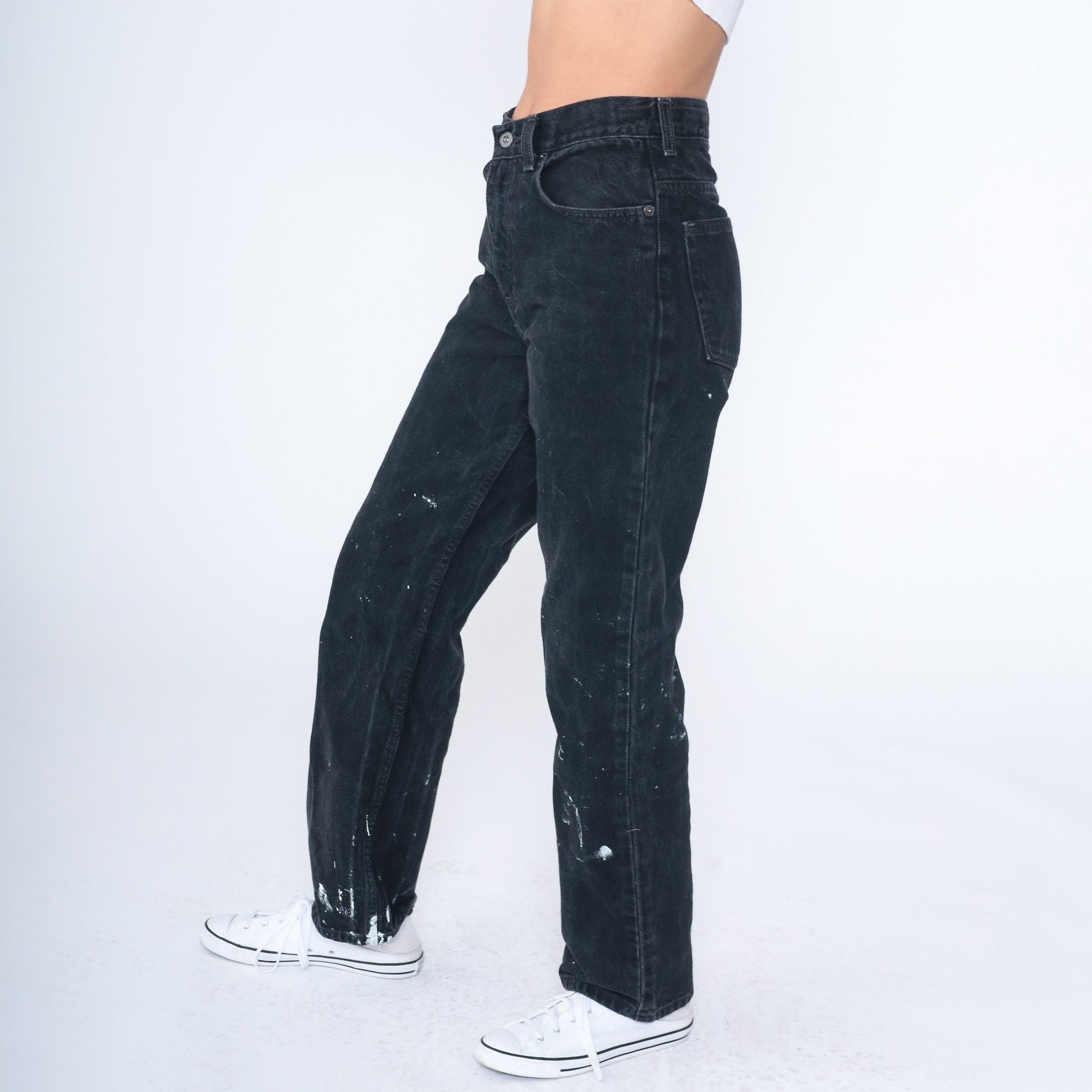 90s Black Denim Jeans Paint Splatter Mid Rise Straight Leg Small S