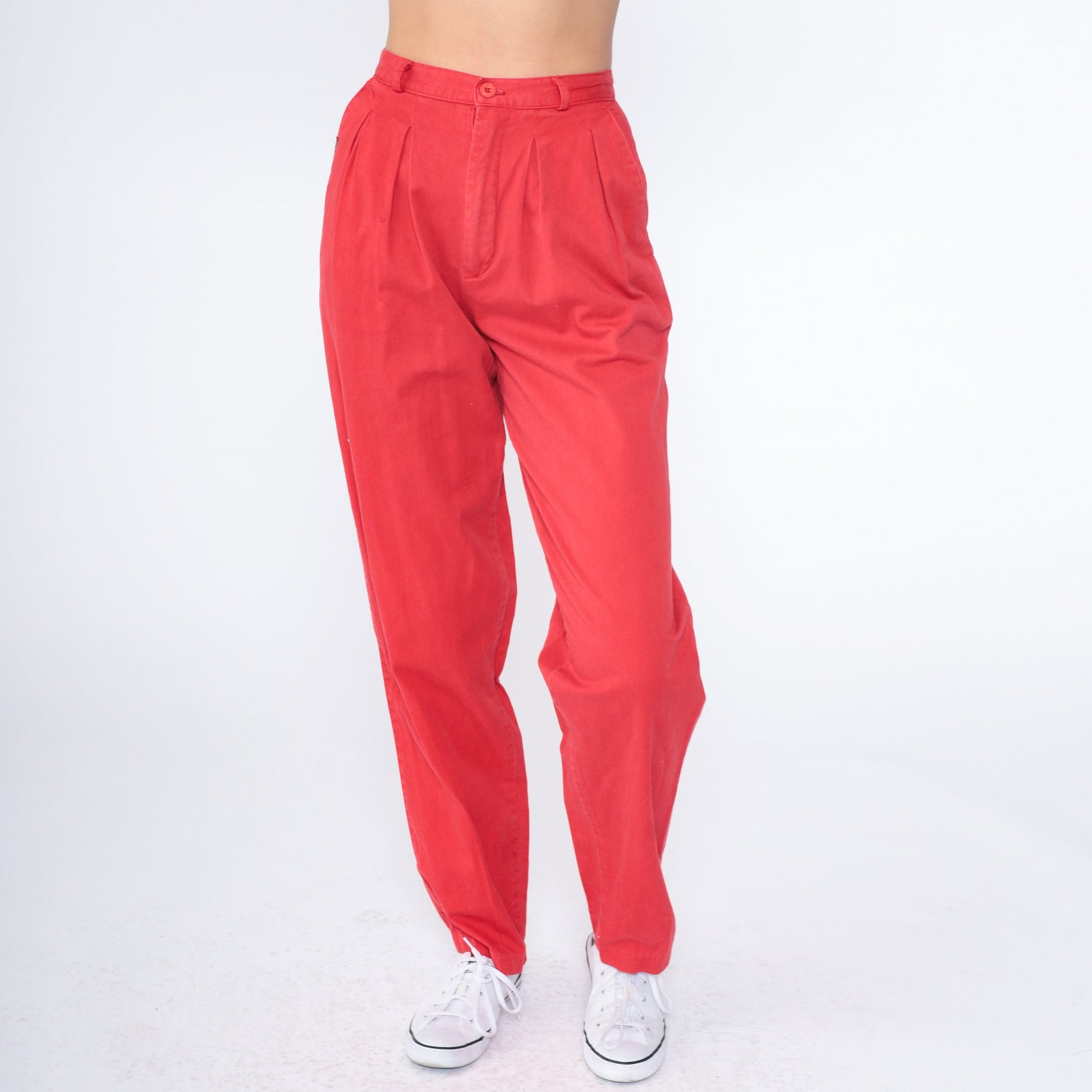 80s Sasson Red Cotton Pleated High-Waisted Tapered Trousers Extra Small