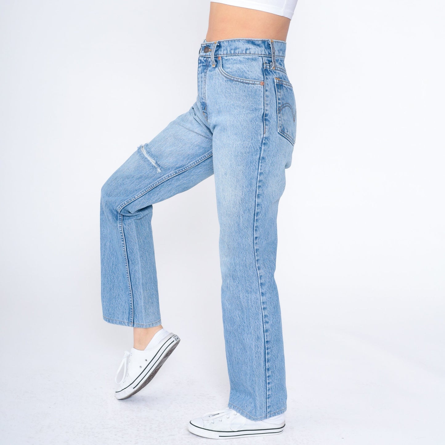 Levis 607 90s High Waist Bootcut Jeans Blue Denim Knee Rip Small