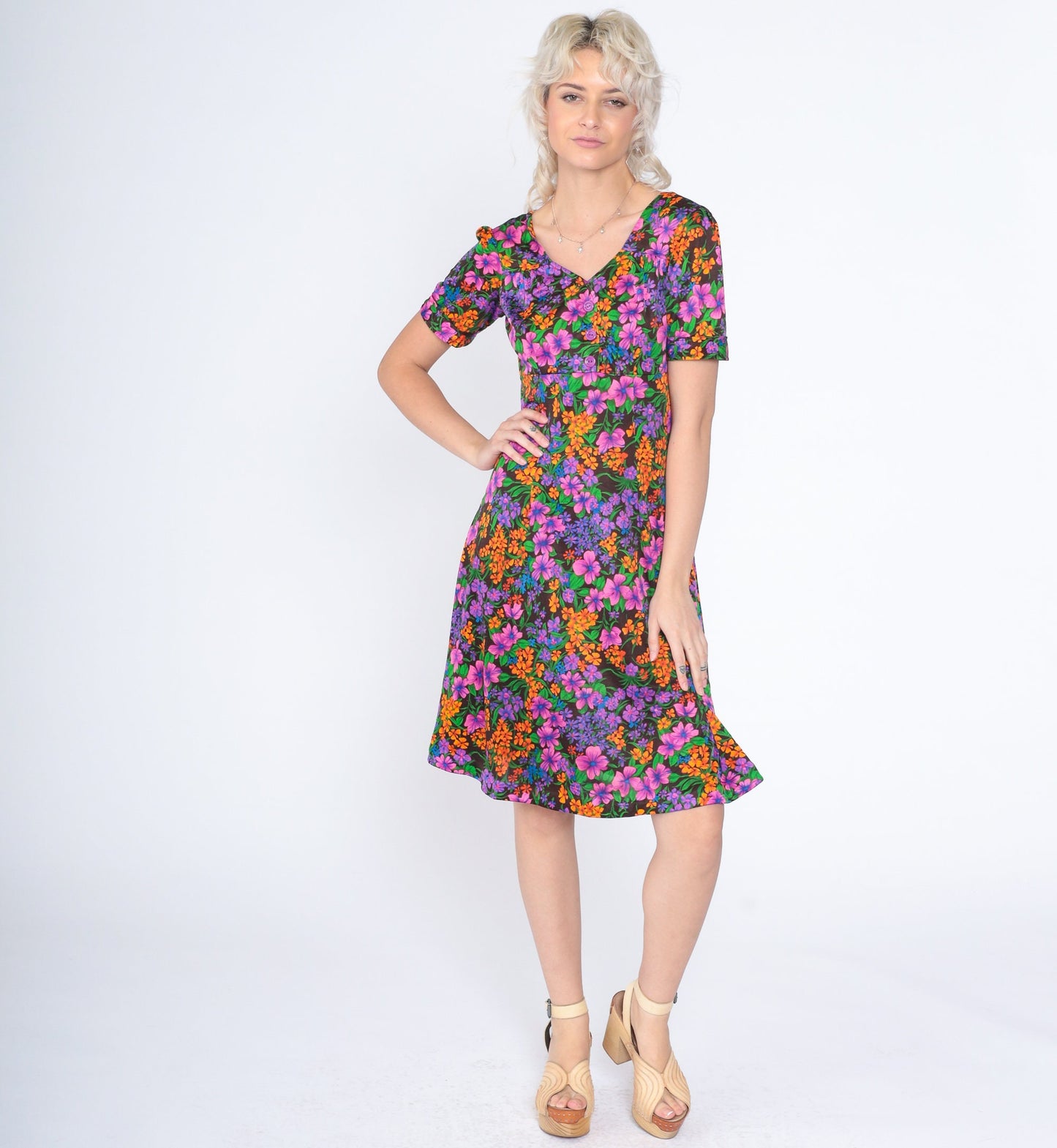 70s Floral Babydoll Mini Dress Empire Waist Button-Up Black Small S