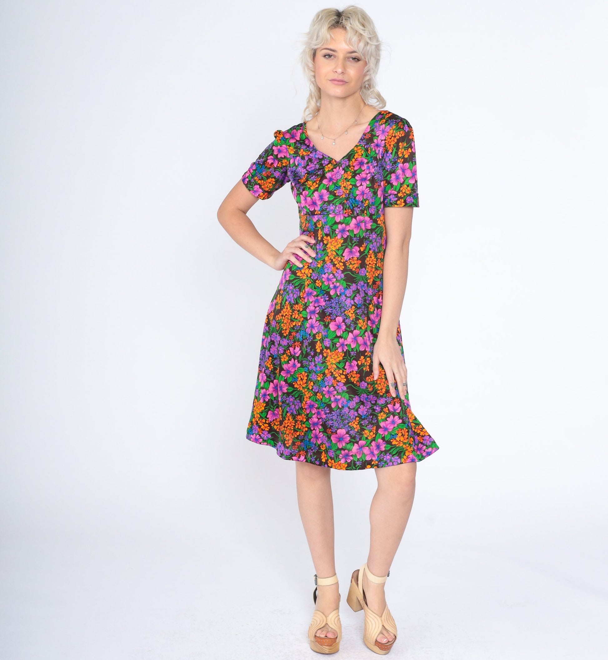 70s Floral Babydoll Mini Dress Empire Waist Button-Up Black Small S