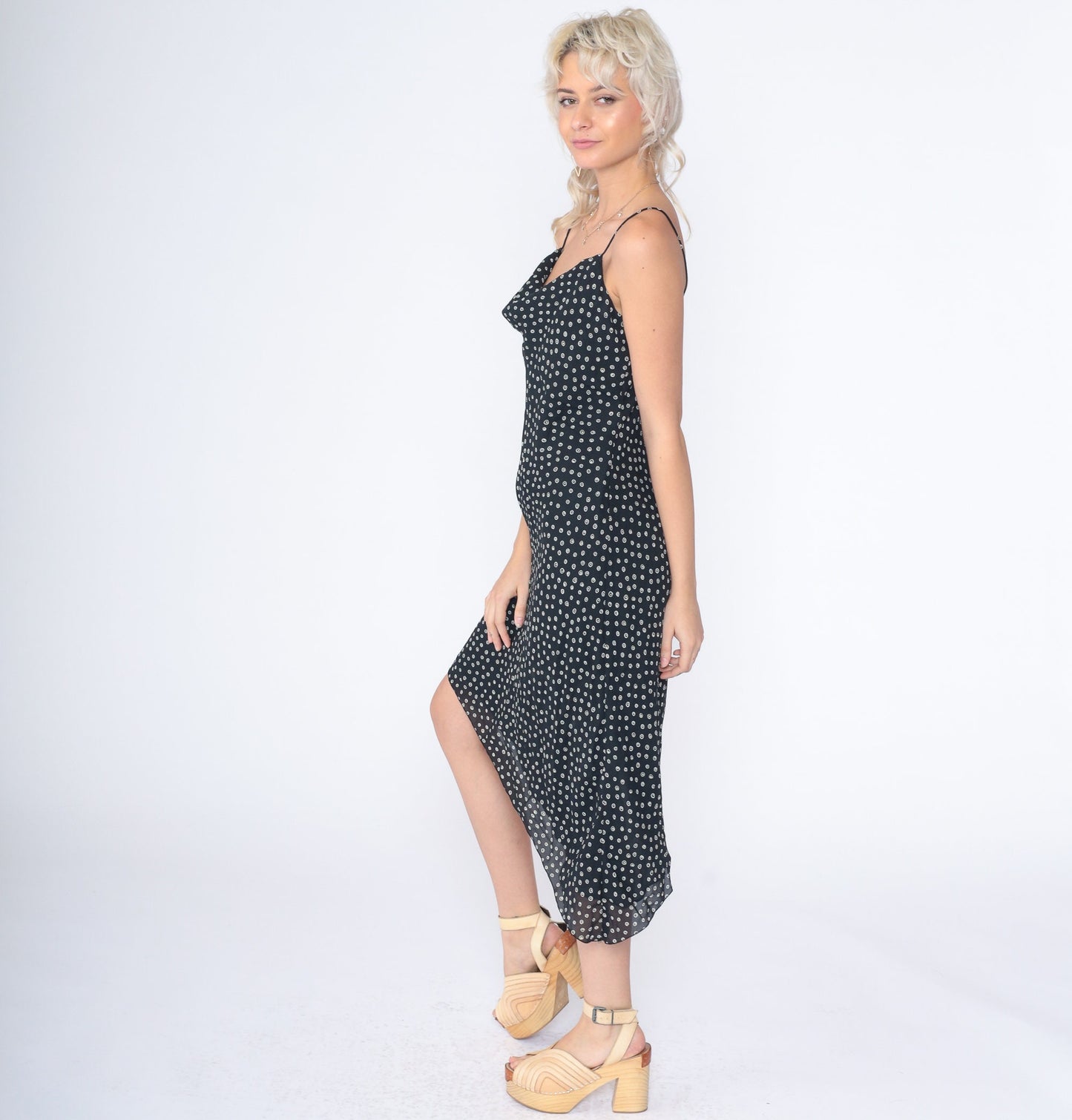 90s Kathy Lee Black White Ring Dot Asymmetrical Midi Dress Cowl Neck Medium