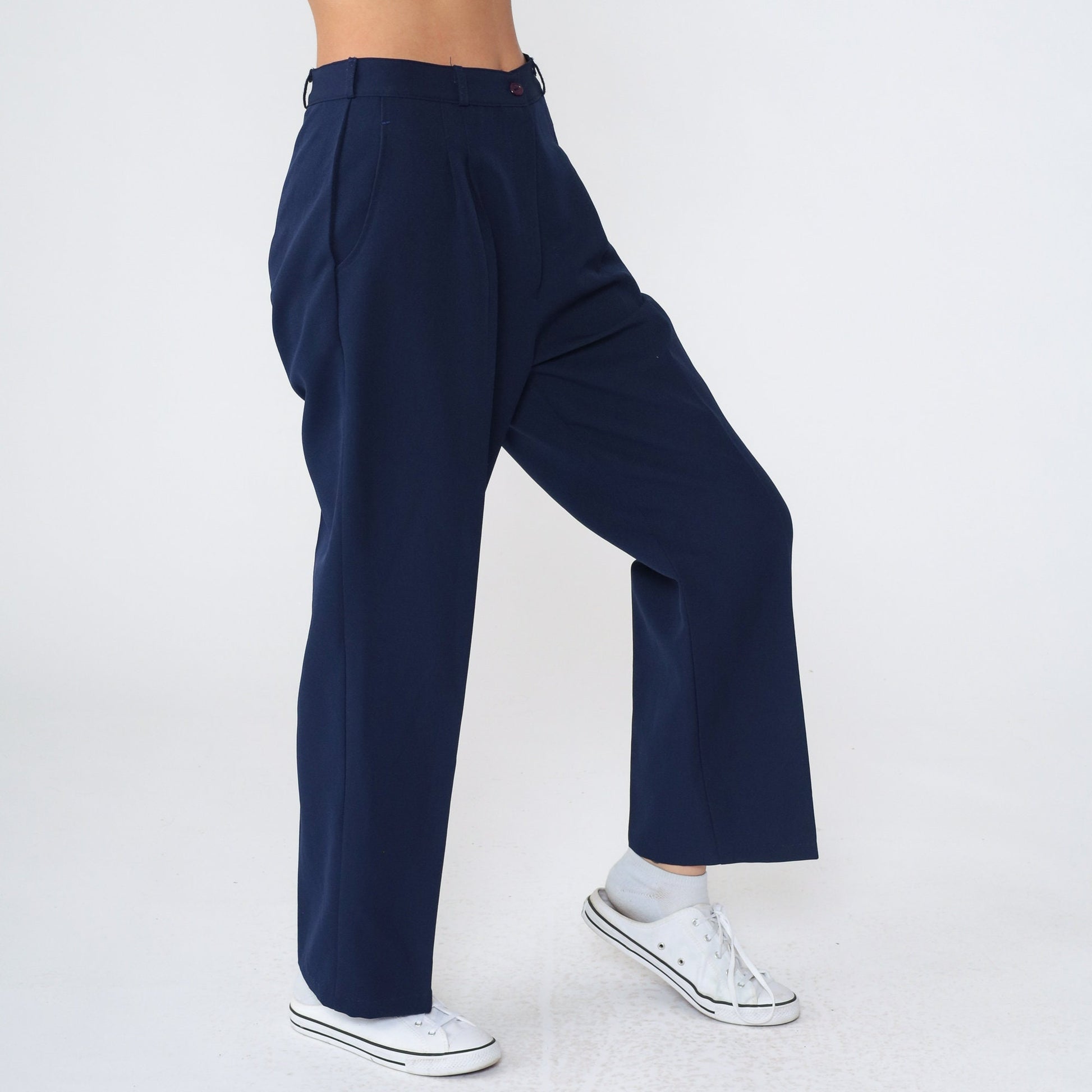 70s Navy Pleated High-Waist Tapered Trousers Small