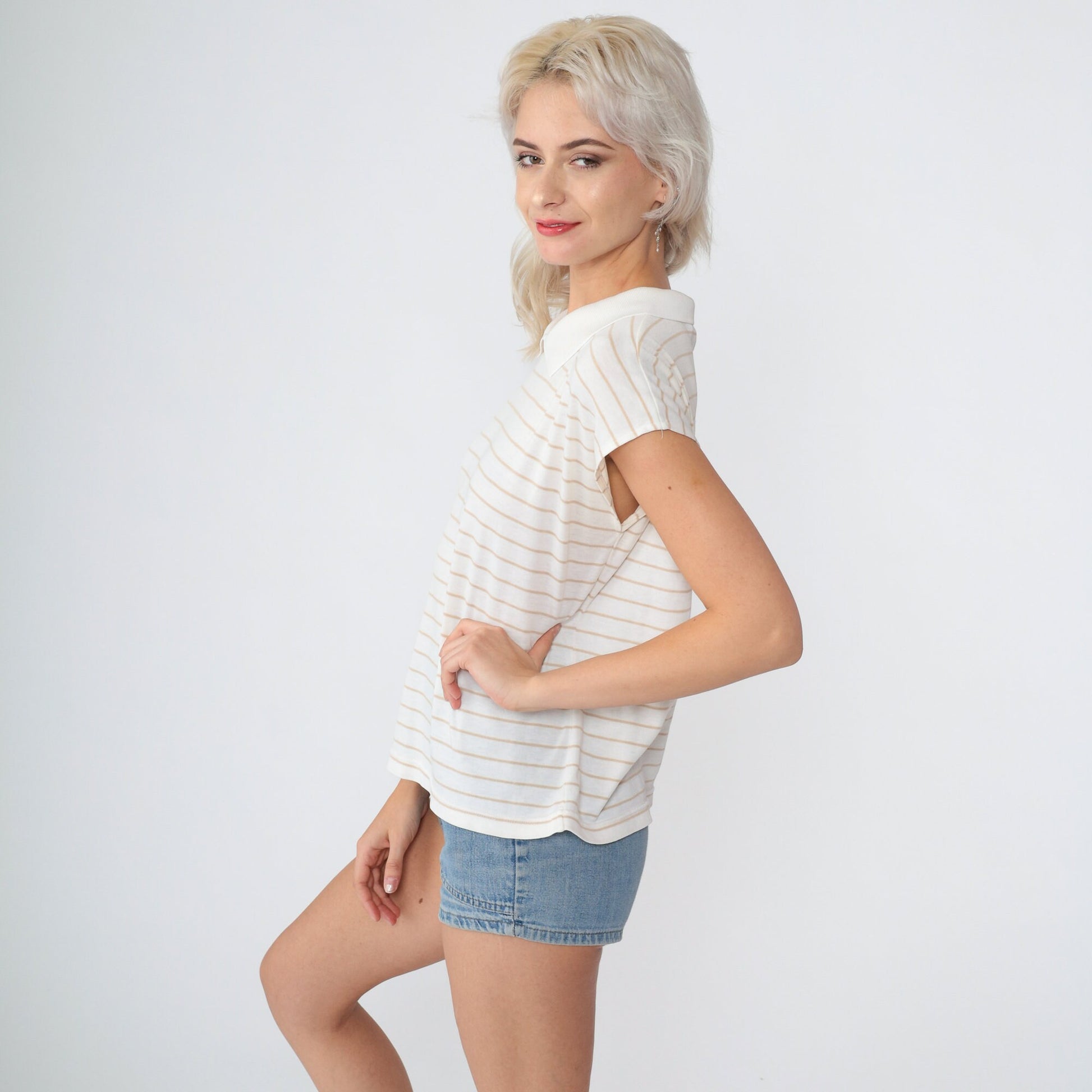 90s Striped Collared Blouse White Tan Cap Sleeve Preppy Top Medium