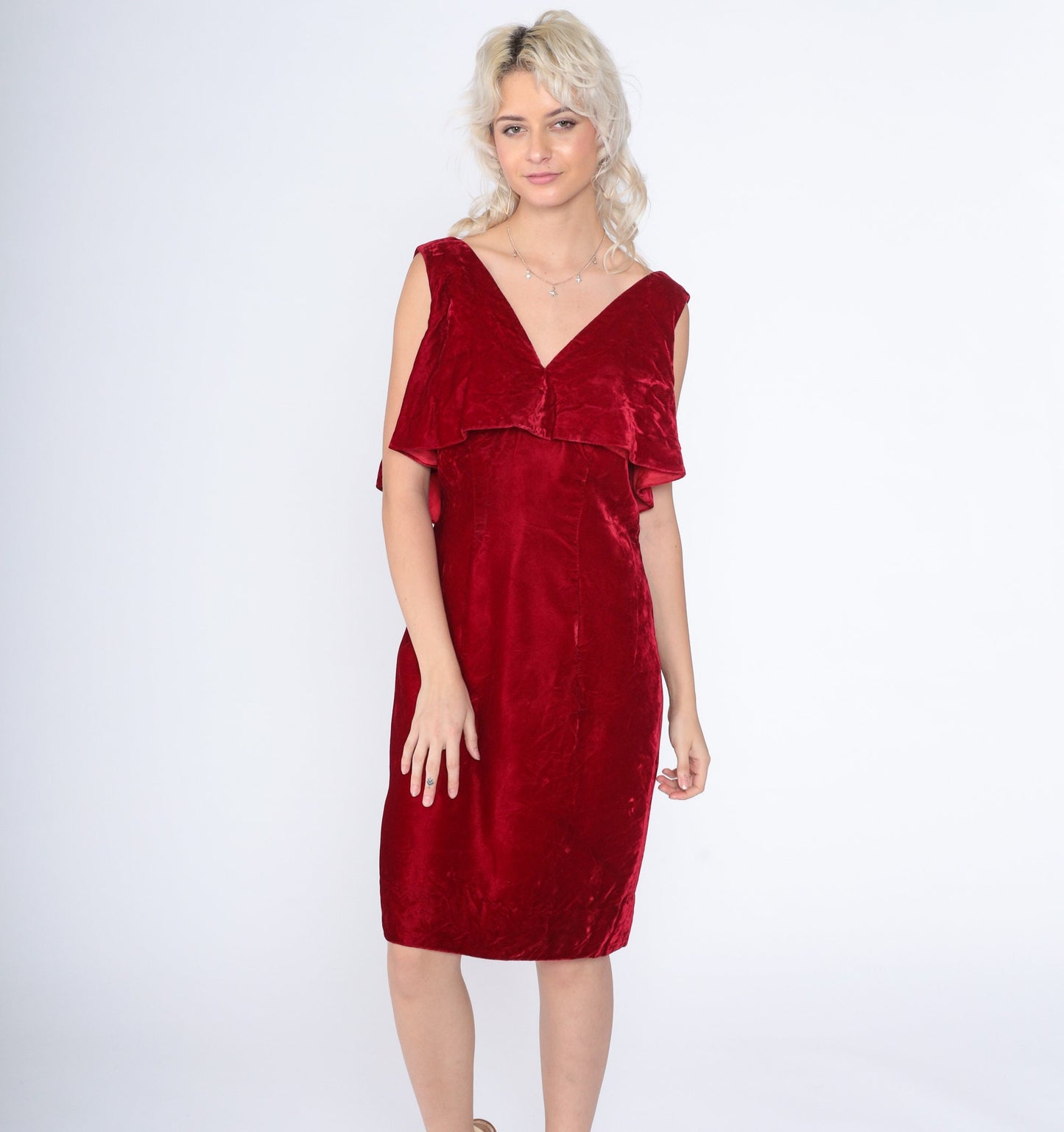 70s Red Velvet Mini Dress Sleeveless Pencil Cut Low Back Medium M