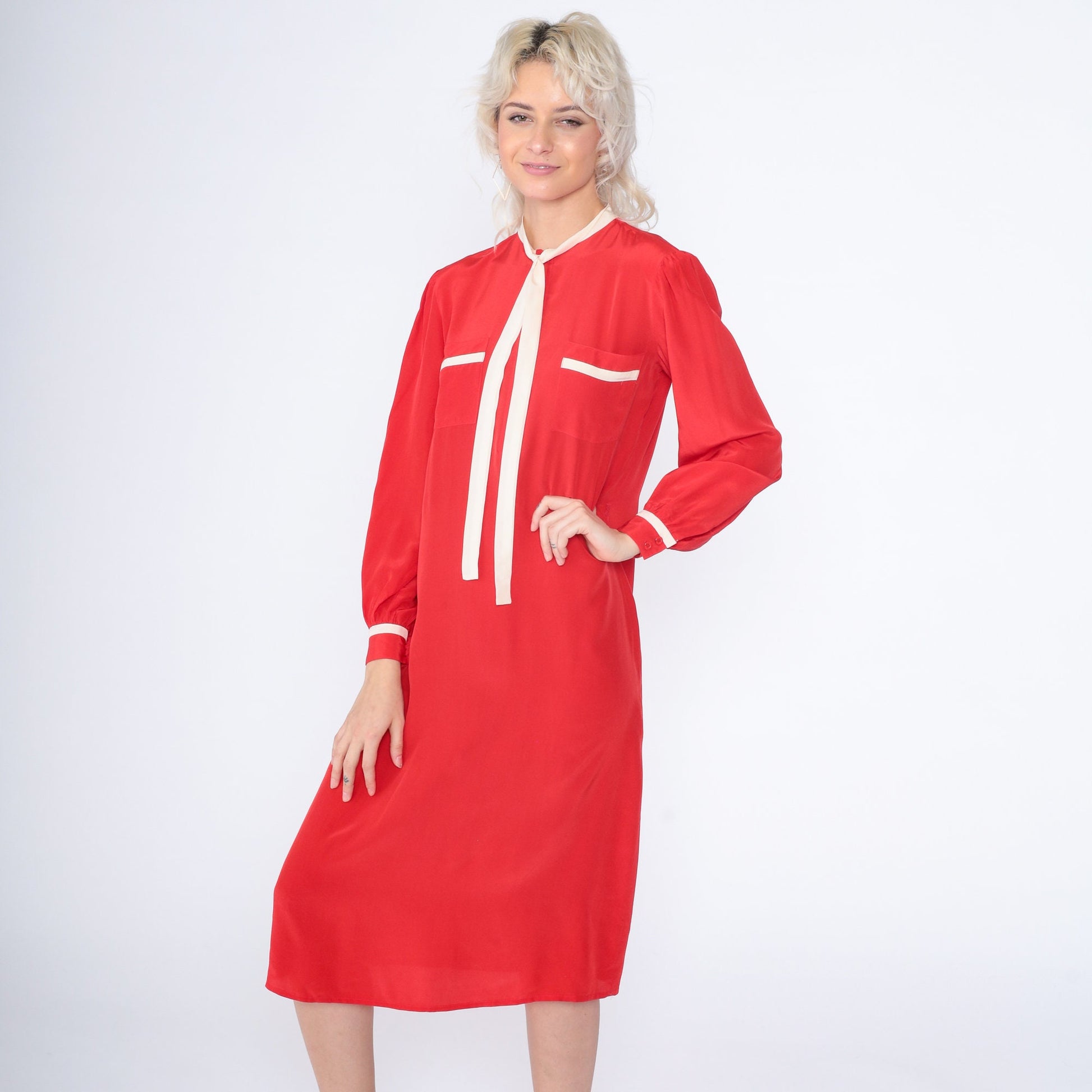 80s Saint Pierre Red Silk Midi Dress Necktie Long Sleeve White Trim Small
