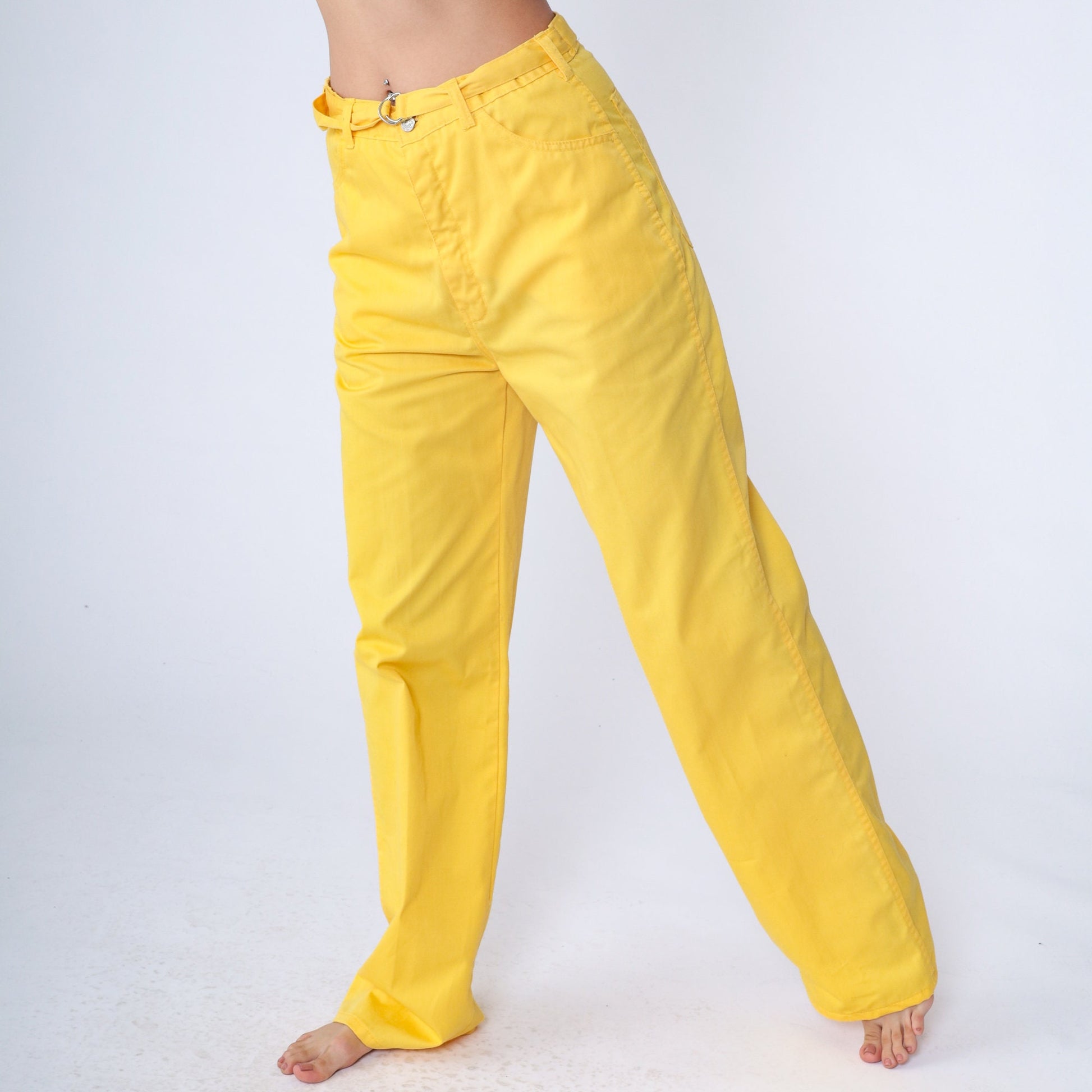 80s Yellow High-Waisted Straight Leg Pants Cotton Blend Medium
