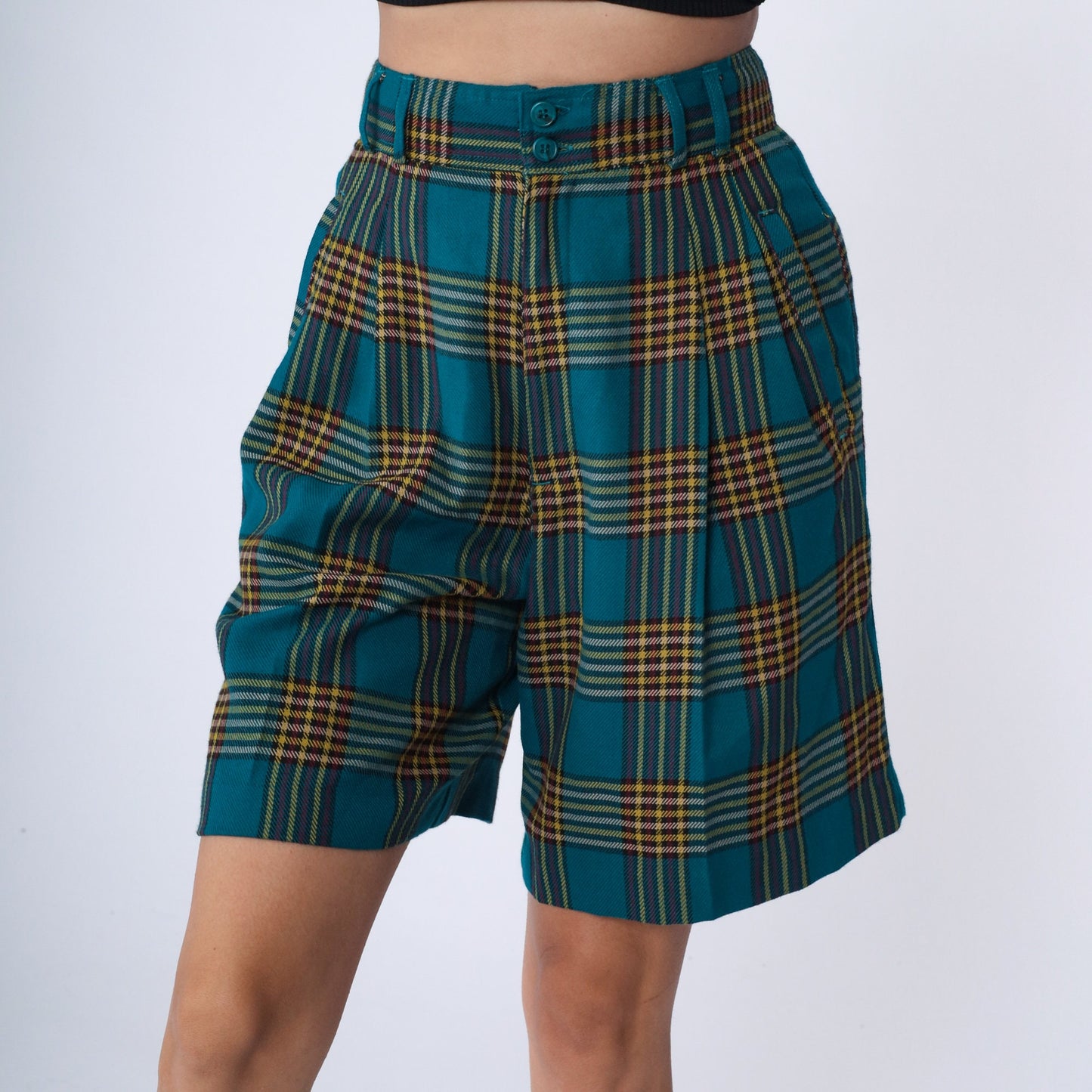90s Blue Plaid High Waist Pleated Shorts Knee Length Small