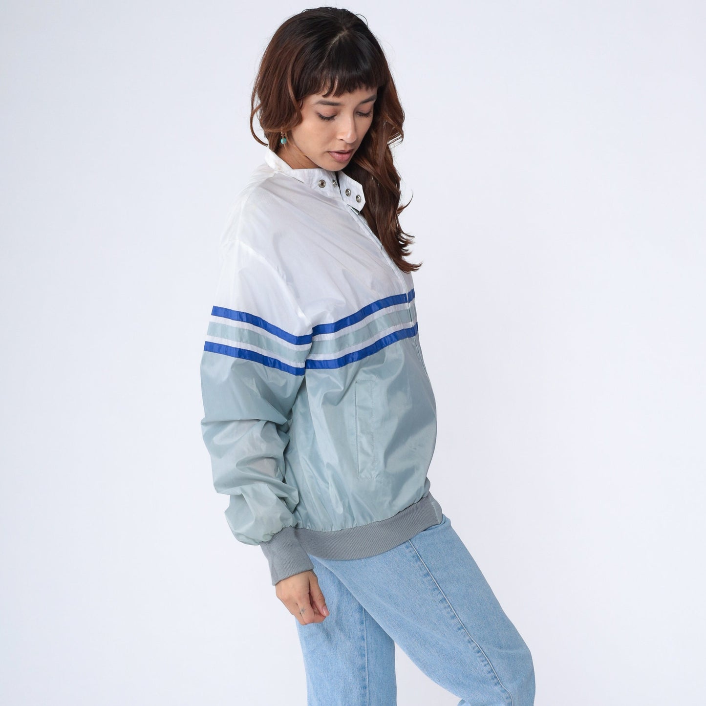 80s Teledyne Controls Windbreaker Aircraft Jacket Grey White Stripe Extra Large XL