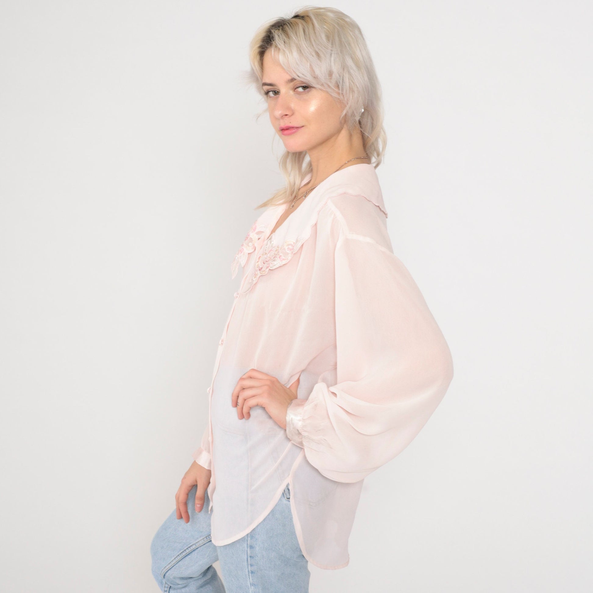 90s Pink Beaded Floral Scalloped Collar Button-Up Blouse Long Sleeve Extra Large XL