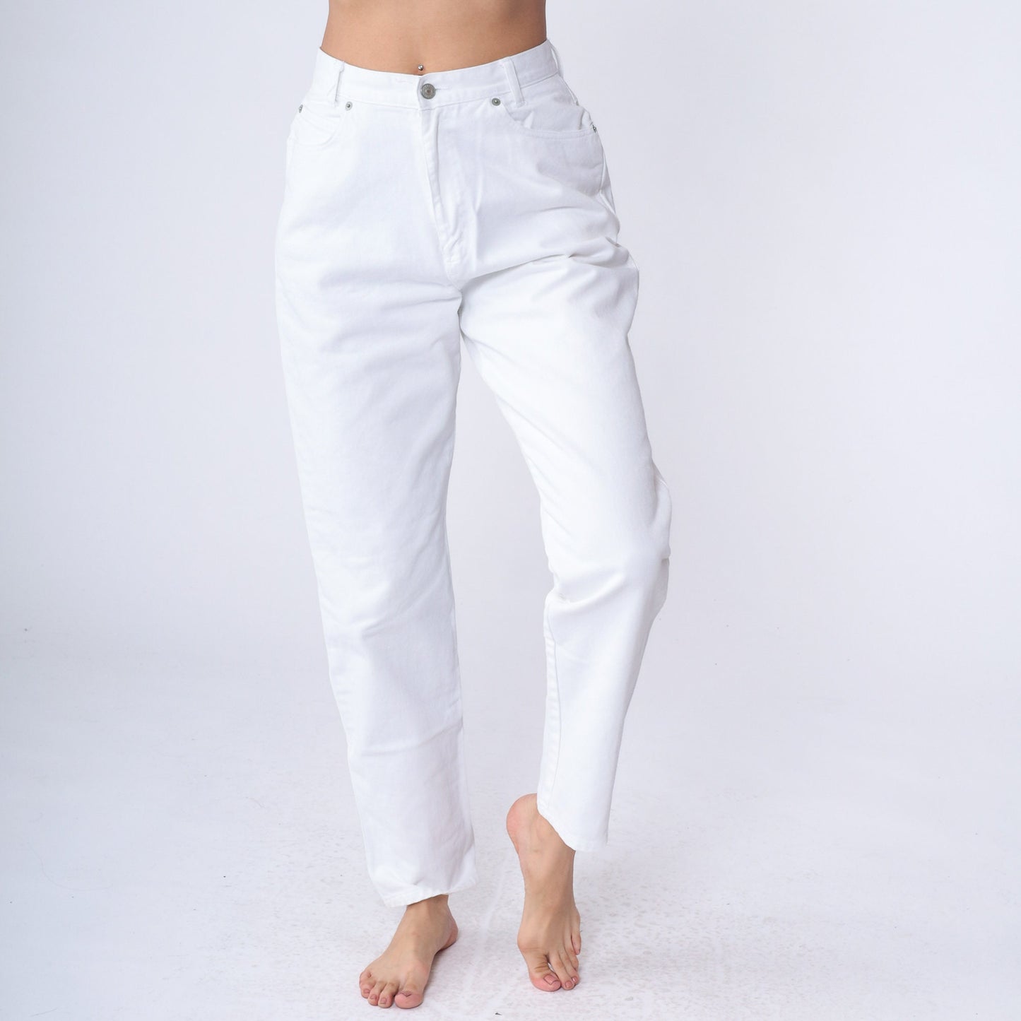 90s White Tapered Mom Jeans High Rise Cotton Denim Small