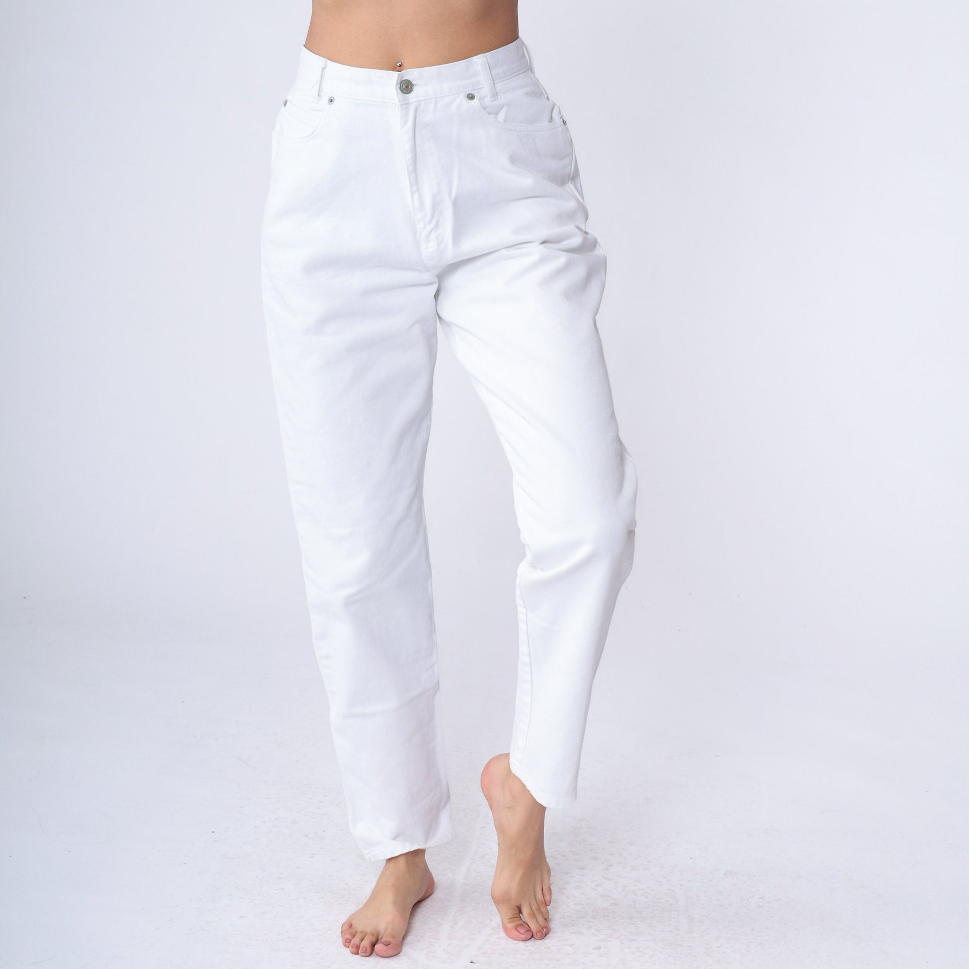 90s White Tapered Mom Jeans High Rise Cotton Denim Small