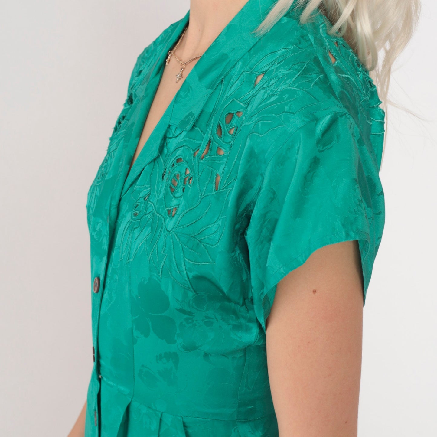 90s Lauren Alexandra Petites Green Silk Floral Mini Dress Cutwork Button-Up XS