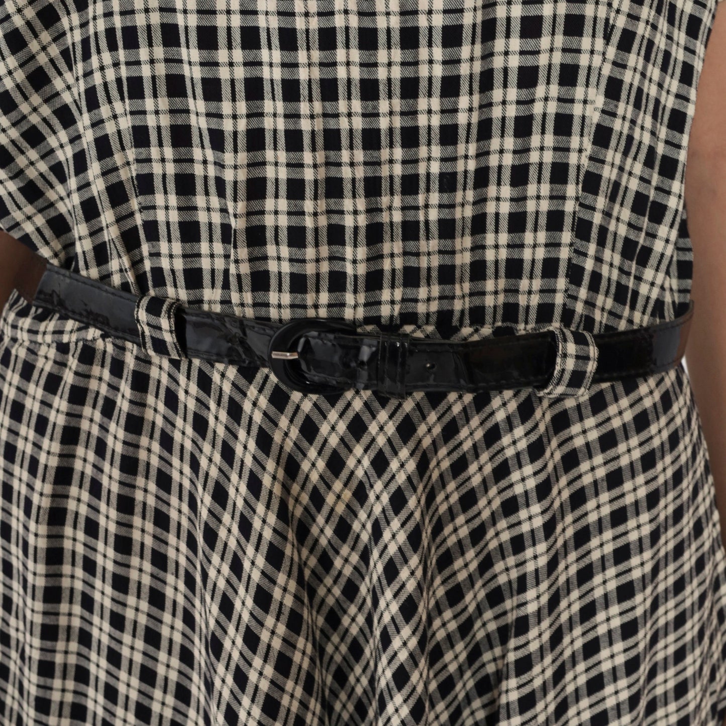 90s Black Cream Checkered Mini Dress High Waist Belted Short Sleeve Small Medium