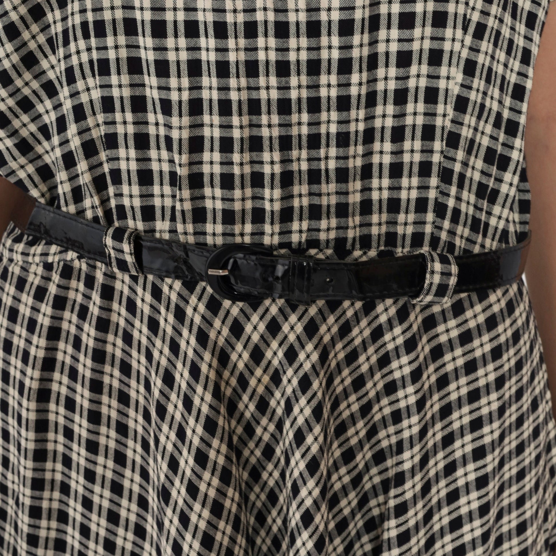 90s Black Cream Checkered Mini Dress High Waist Belted Short Sleeve Small Medium