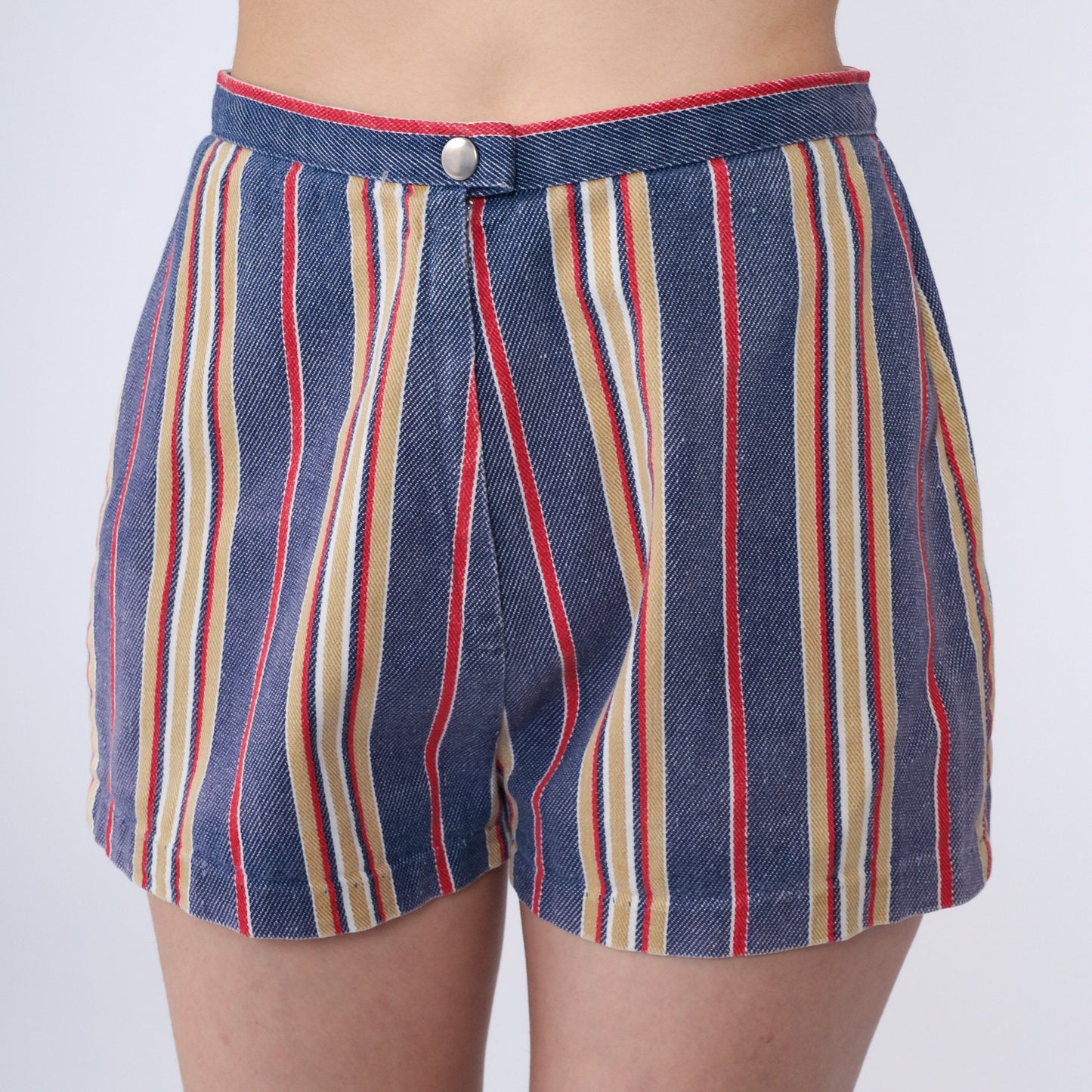 60s Striped Blue Cotton Shorts High Rise Mod Vintage Extra Small