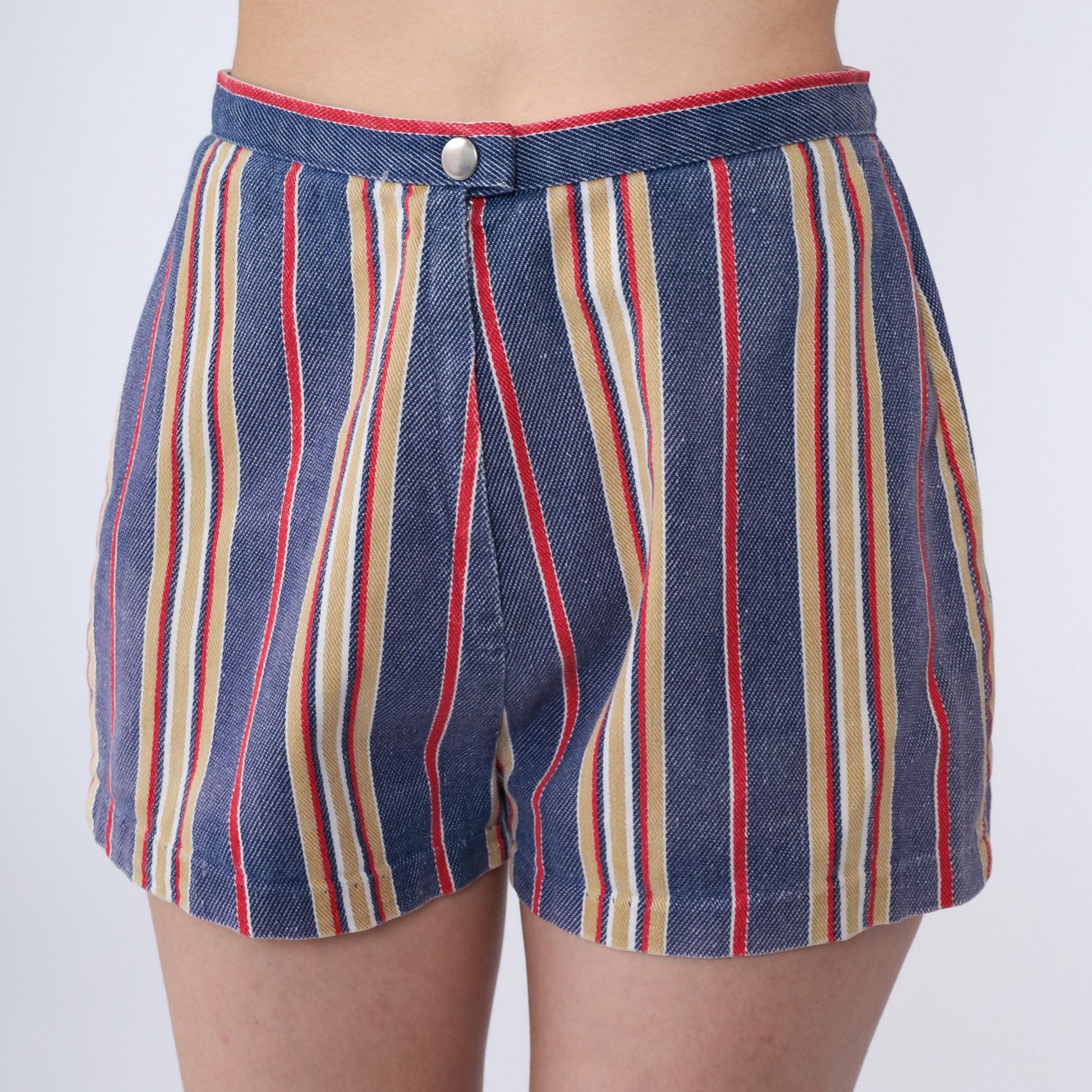 60s Striped Blue Cotton Shorts High Rise Mod Vintage Extra Small