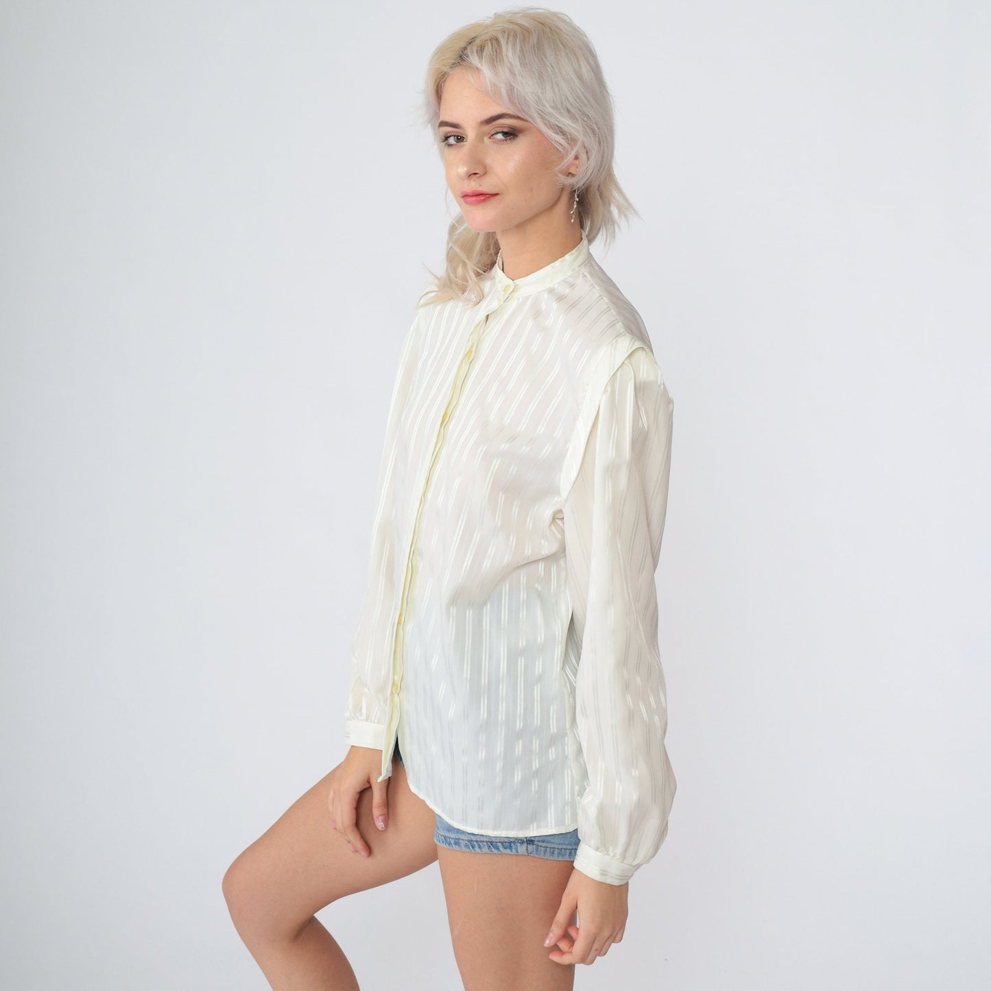 80s Levi's Bend Over Cream Blouse Puff Sleeve Hidden Button Striped Large