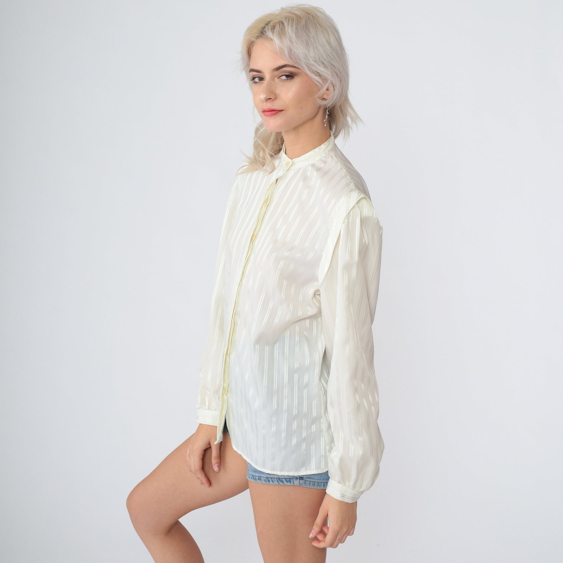 80s Levi's Bend Over Cream Blouse Puff Sleeve Hidden Button Striped Large