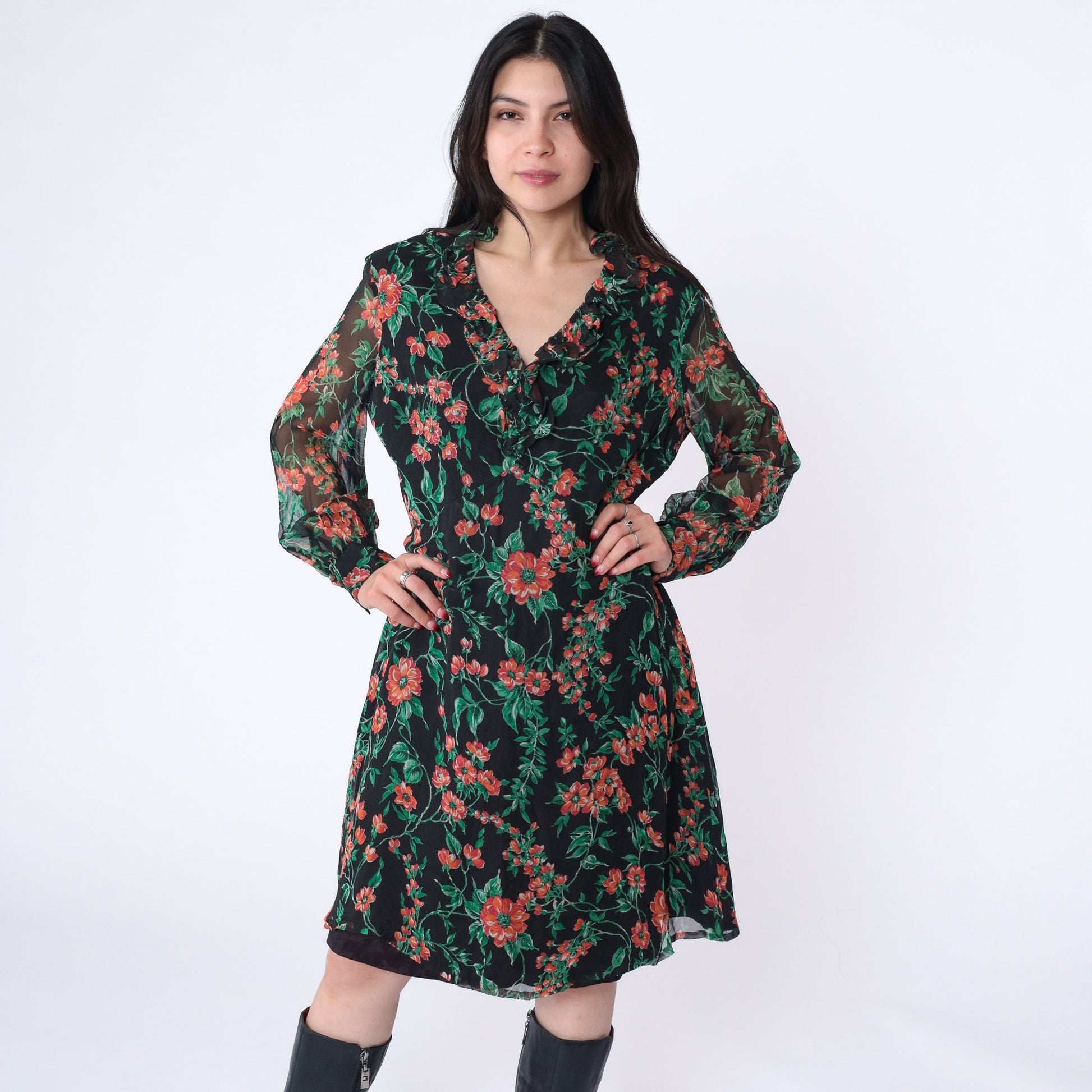 70s Floral Babydoll Mini Dress Empire Waist V-Neck Long Sleeve Black Large